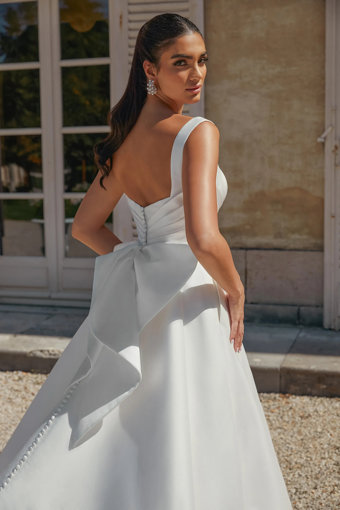 Chic A-Line Square Mikado Pleated Detachable Bow Wedding Dress 44457