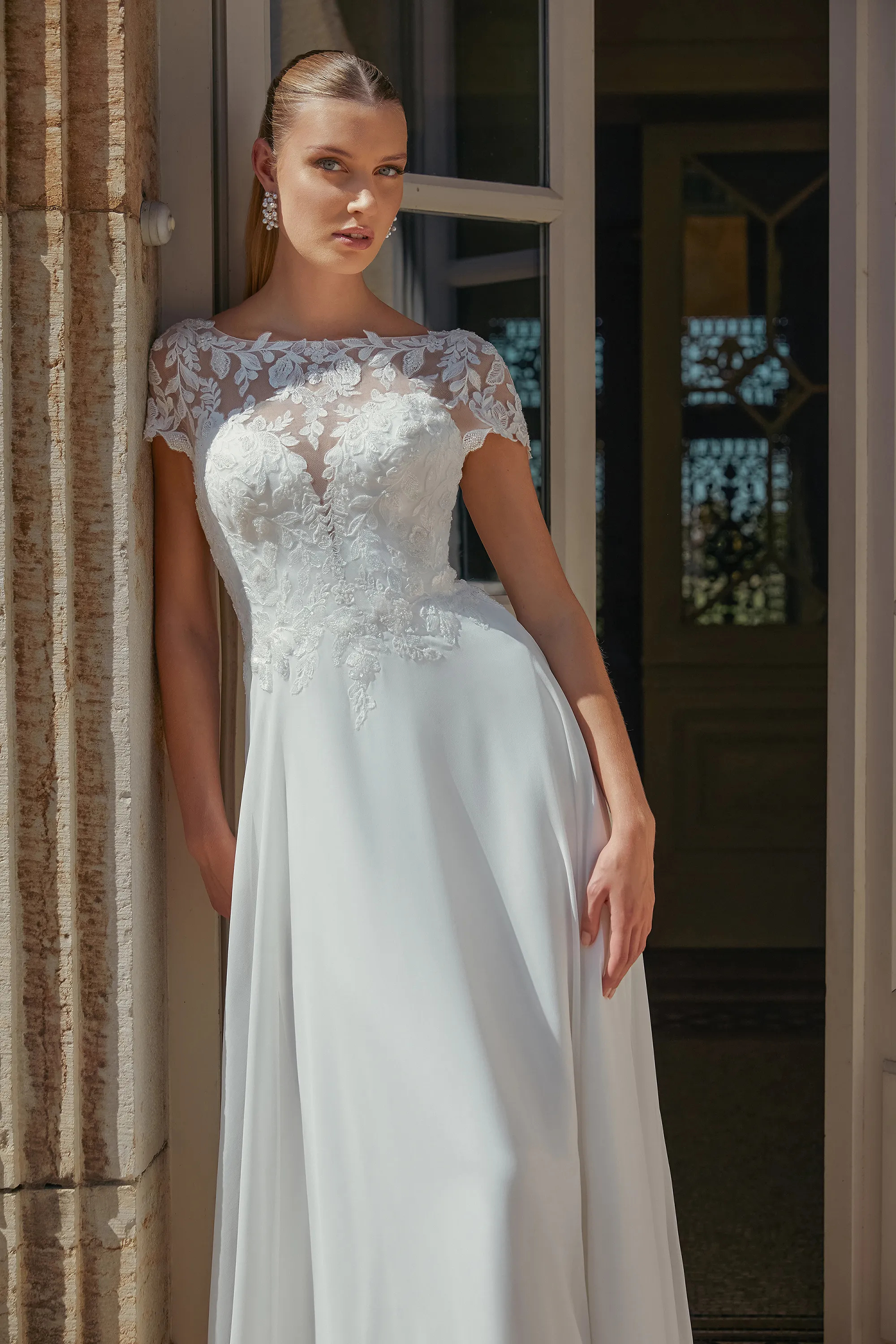 Classics A-Line Illusion Sequins Chiffon Chapel Wedding Dress 44460