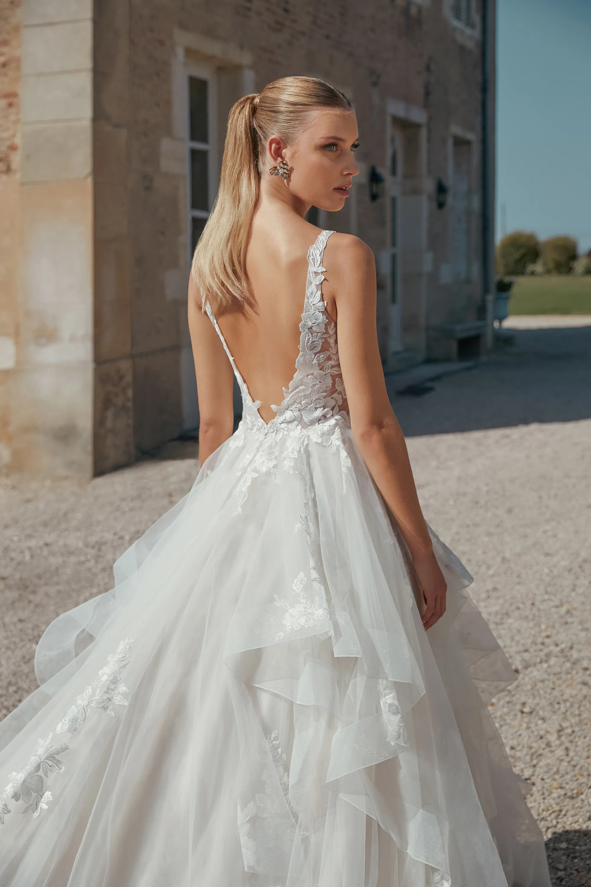 Ball Gown Plunge V-Neck Chapel Low V-Back Ruffles Wedding Dress 44464