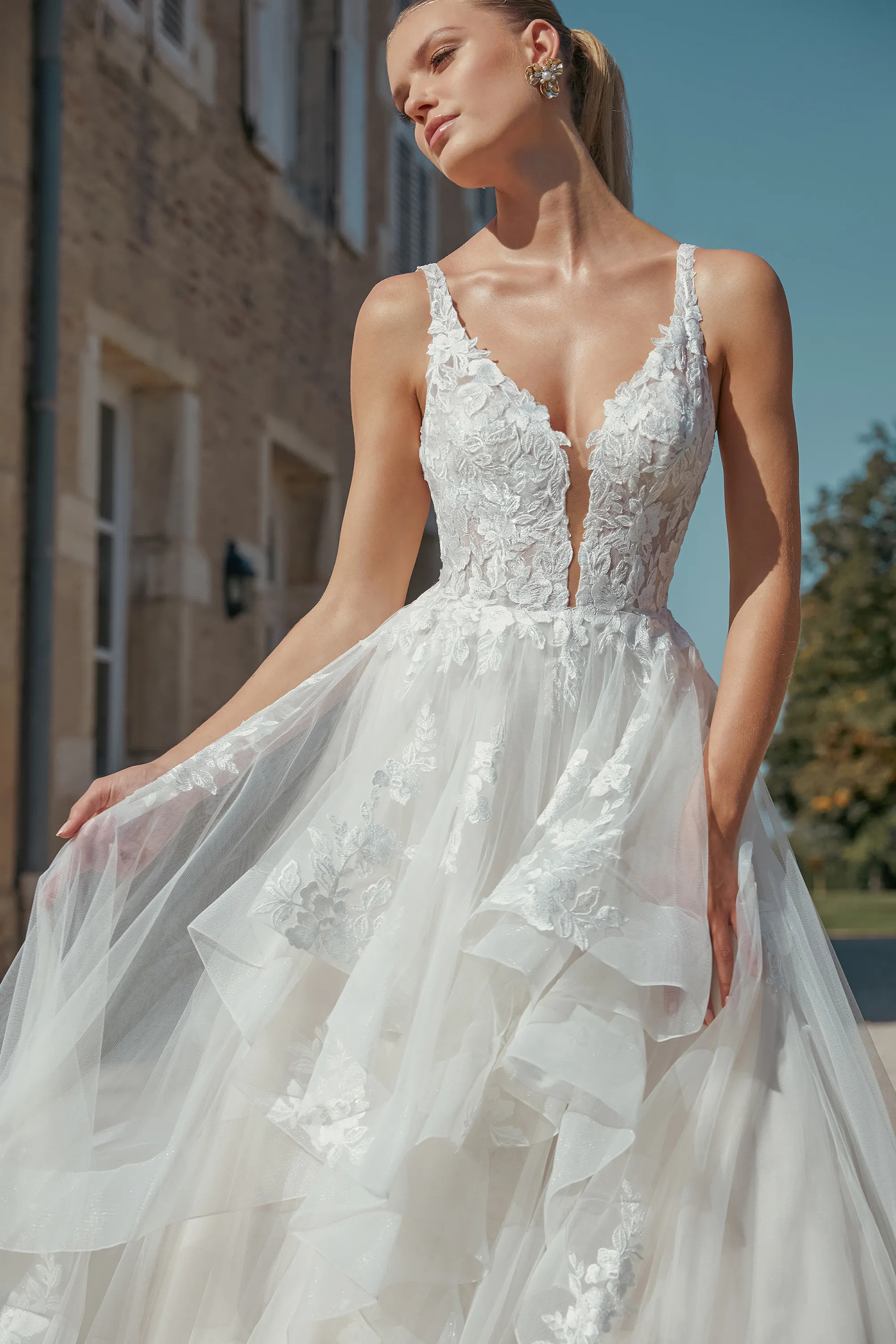 Ball Gown Plunge V-Neck Chapel Low V-Back Ruffles Wedding Dress 44464