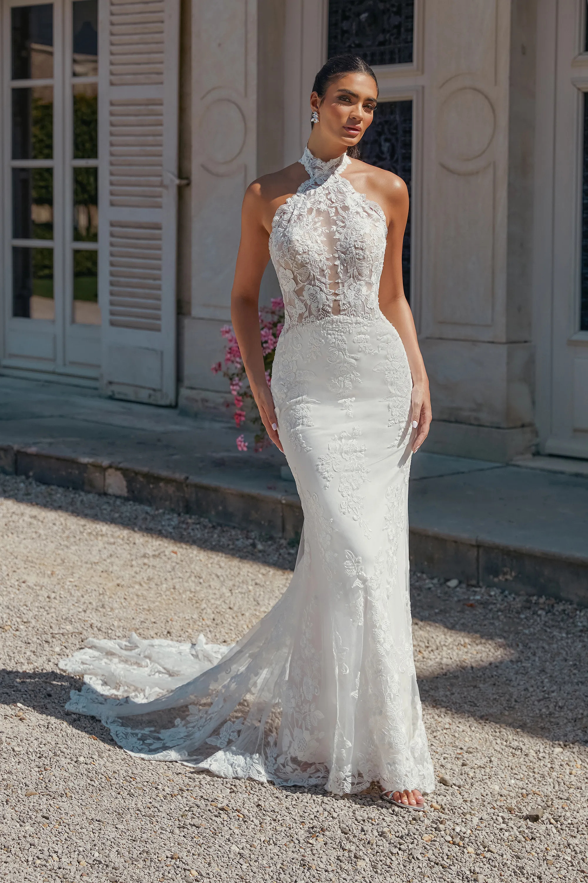 Fit and Flare Plunging Halter Sequins Lace Chapel Train Wedding Dress 44467