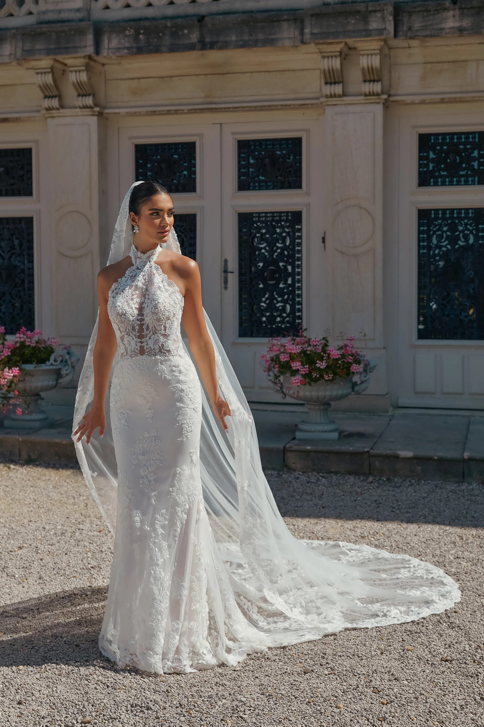 Fit and Flare Plunging Halter Sequins Lace Chapel Train Wedding Dress 44467