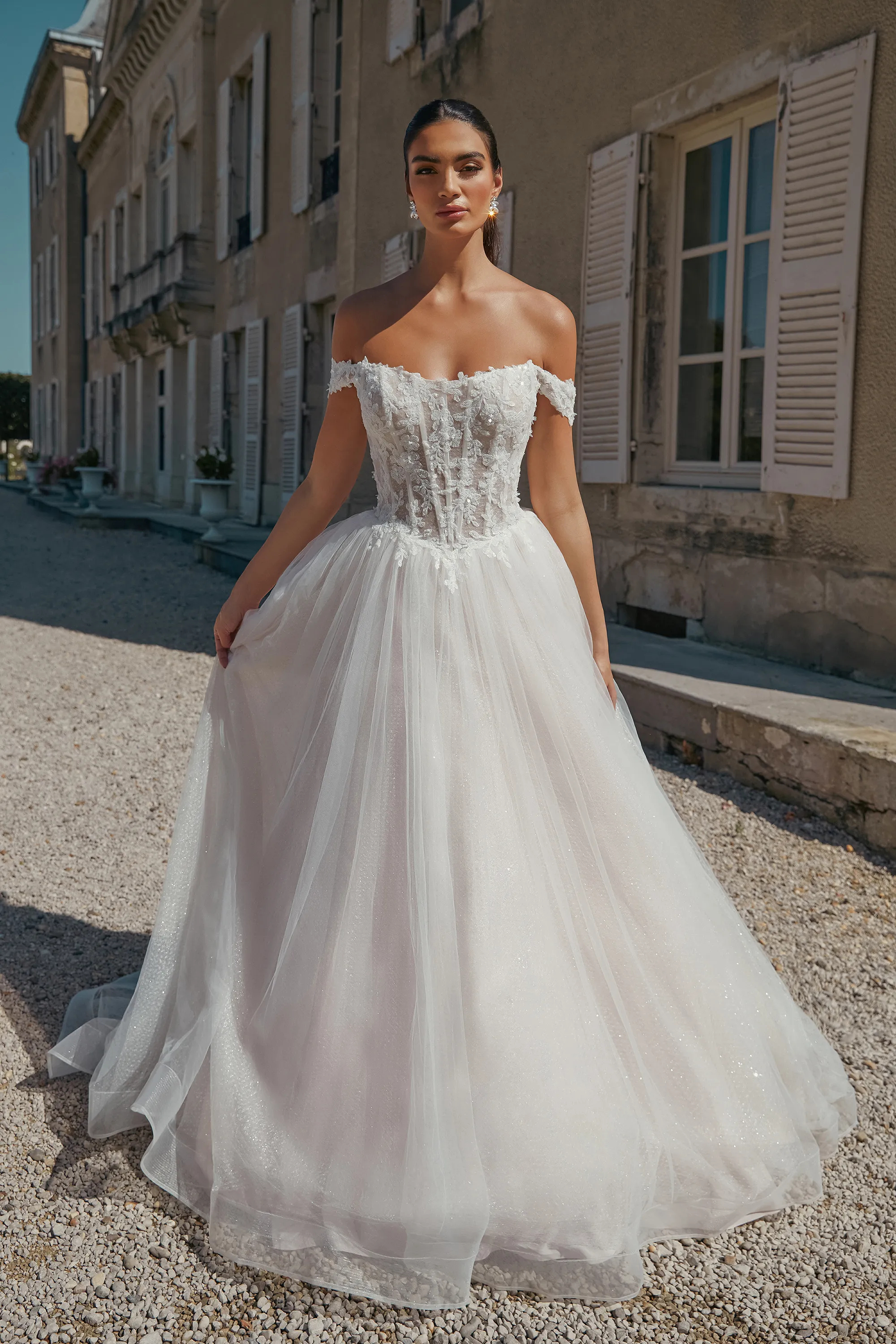 Ball Gown Off the Shoulder Basque Sequins Lace Wedding Dress 44469