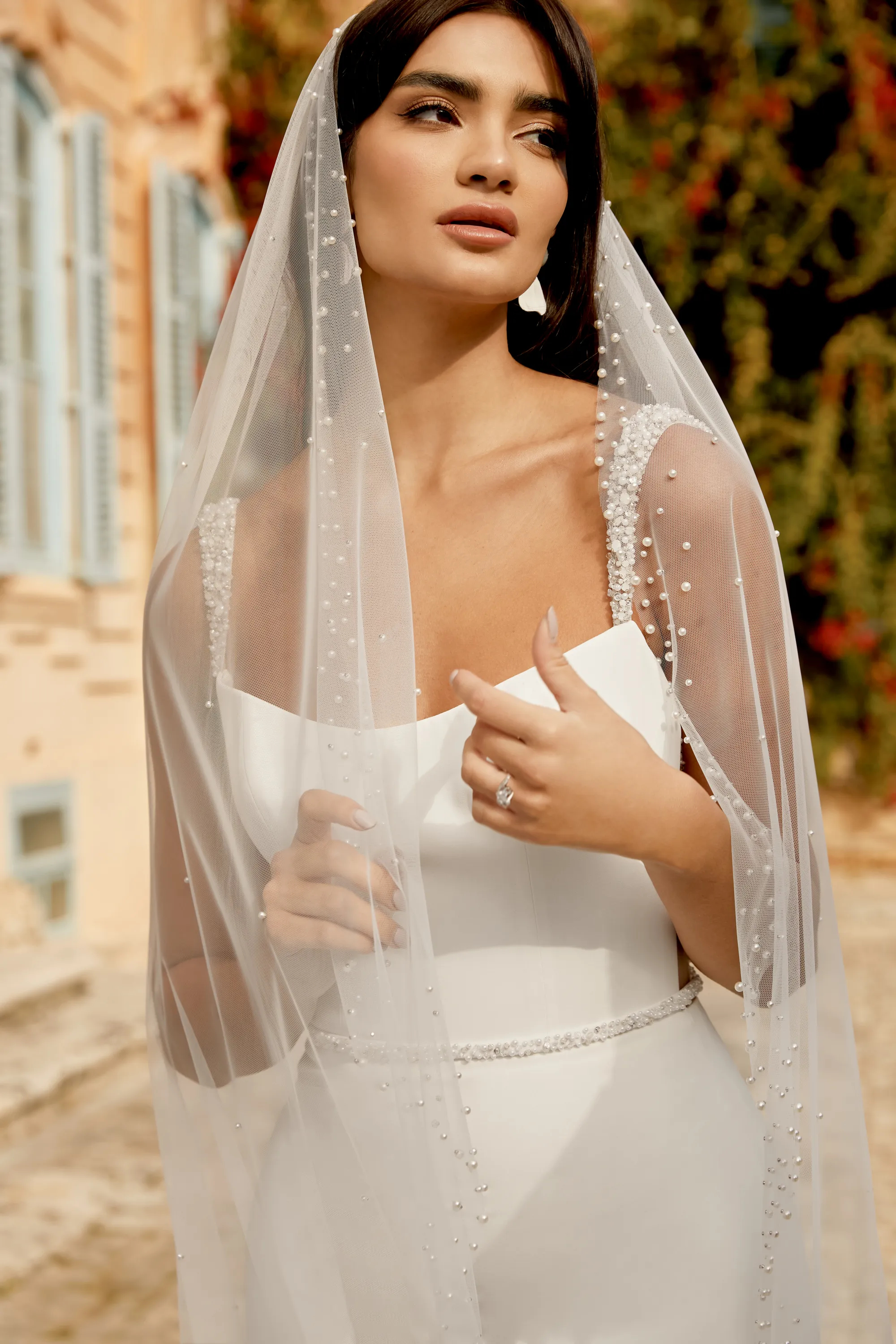 Graceful Fit and Flare Scoop Beading Crepe Chapel Wedding Dress 44476