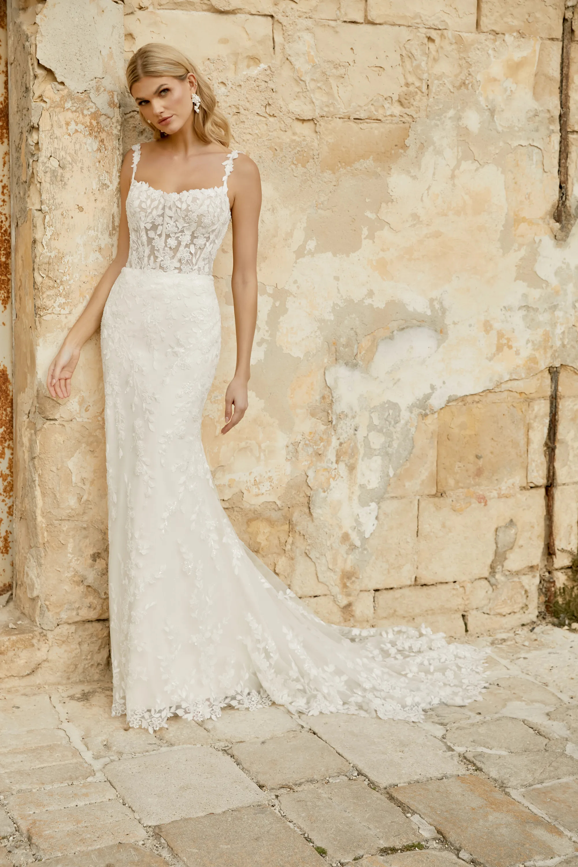 Allover Scoop Fit and Flare Beading Sequins Tulle Chapel Wedding Dress 44482