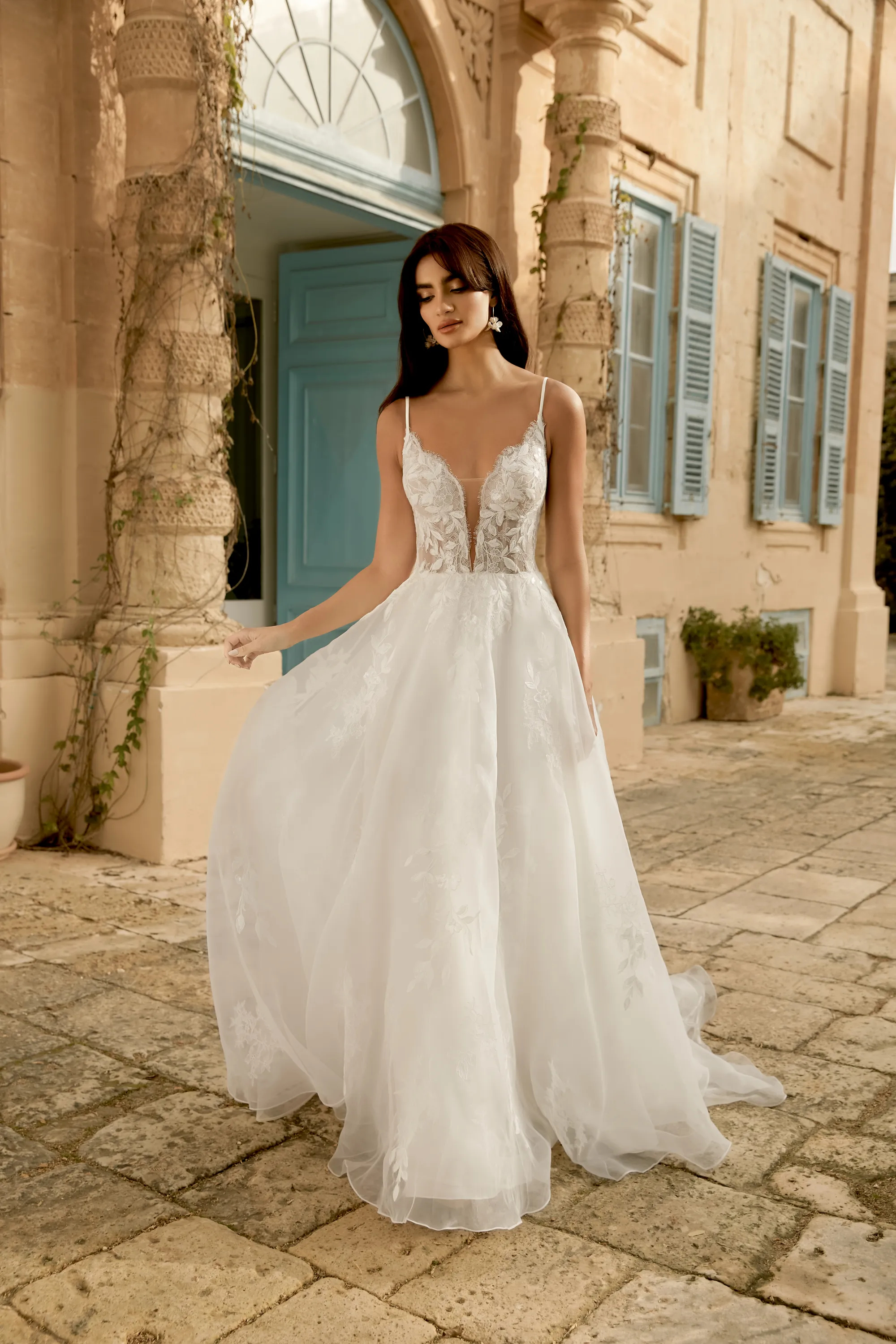 Graceful A-Line Plunge V-Neck Sequins Lace Wedding Dress 44486