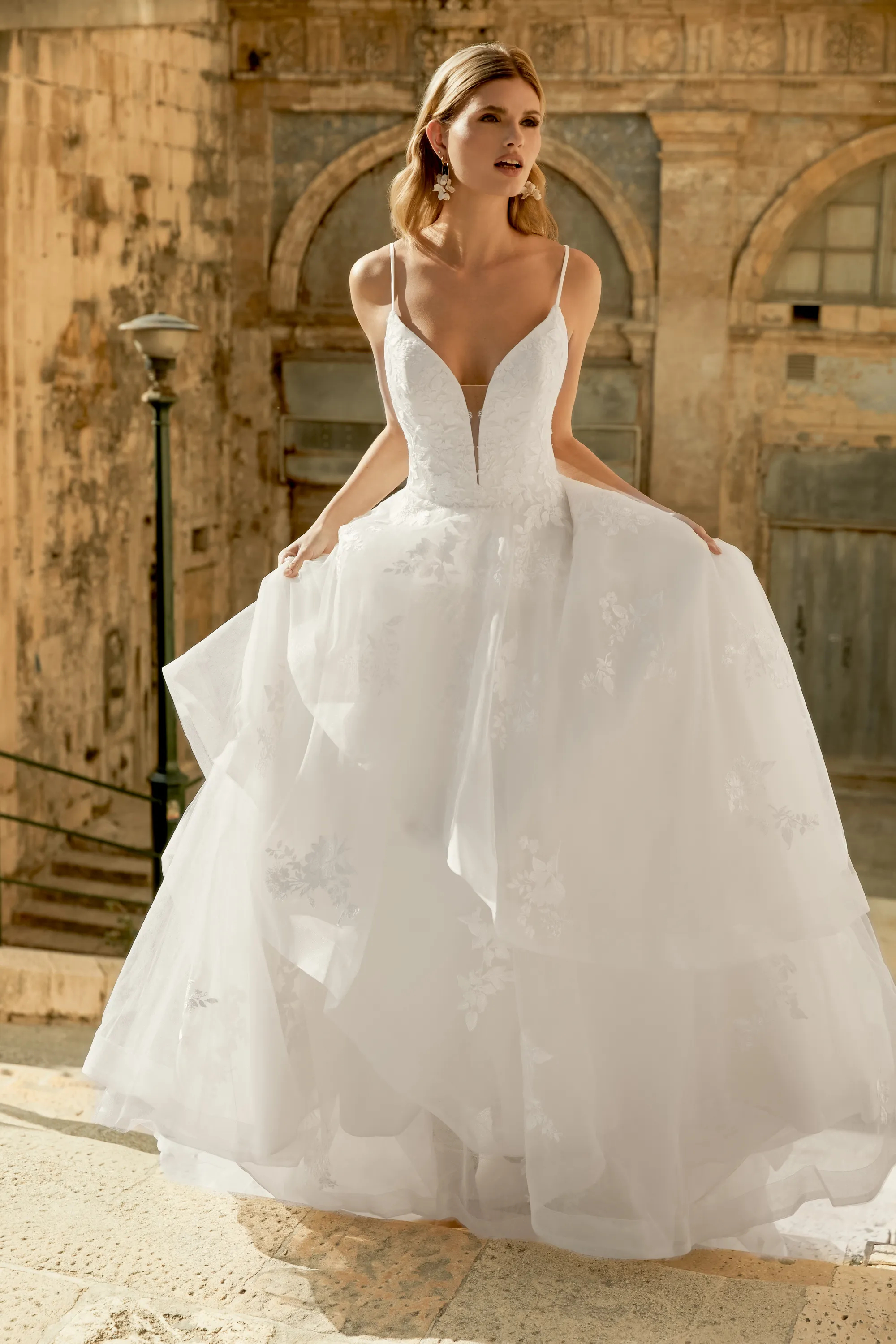 Ball Gown Plunge V-Neck Embroidery Lace Chapel Length Train Wedding Dr