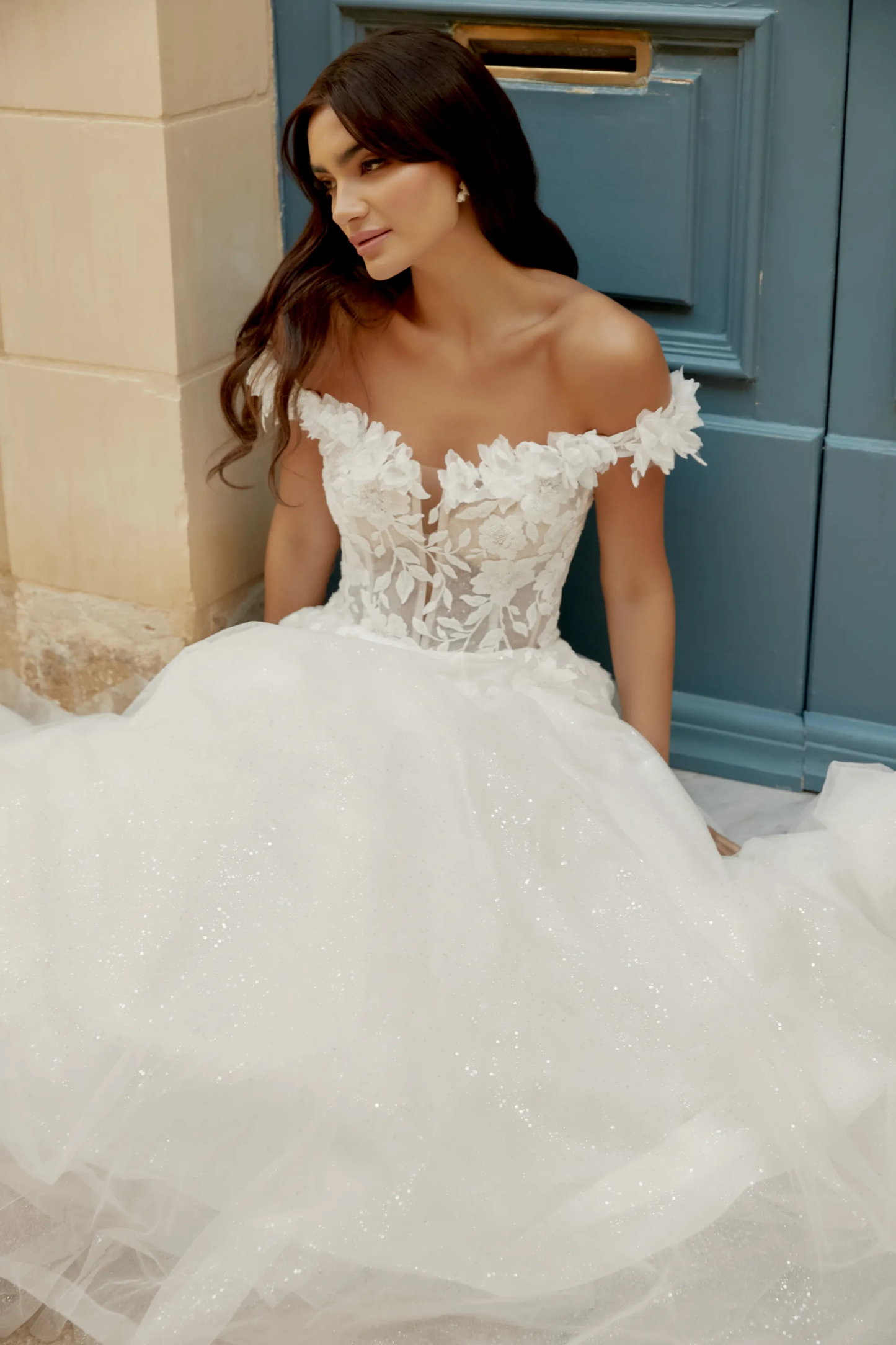 A-Line Off-the-Shoulder 3D PetalsTulle Chapel Length Train Wedding Dress 44500      