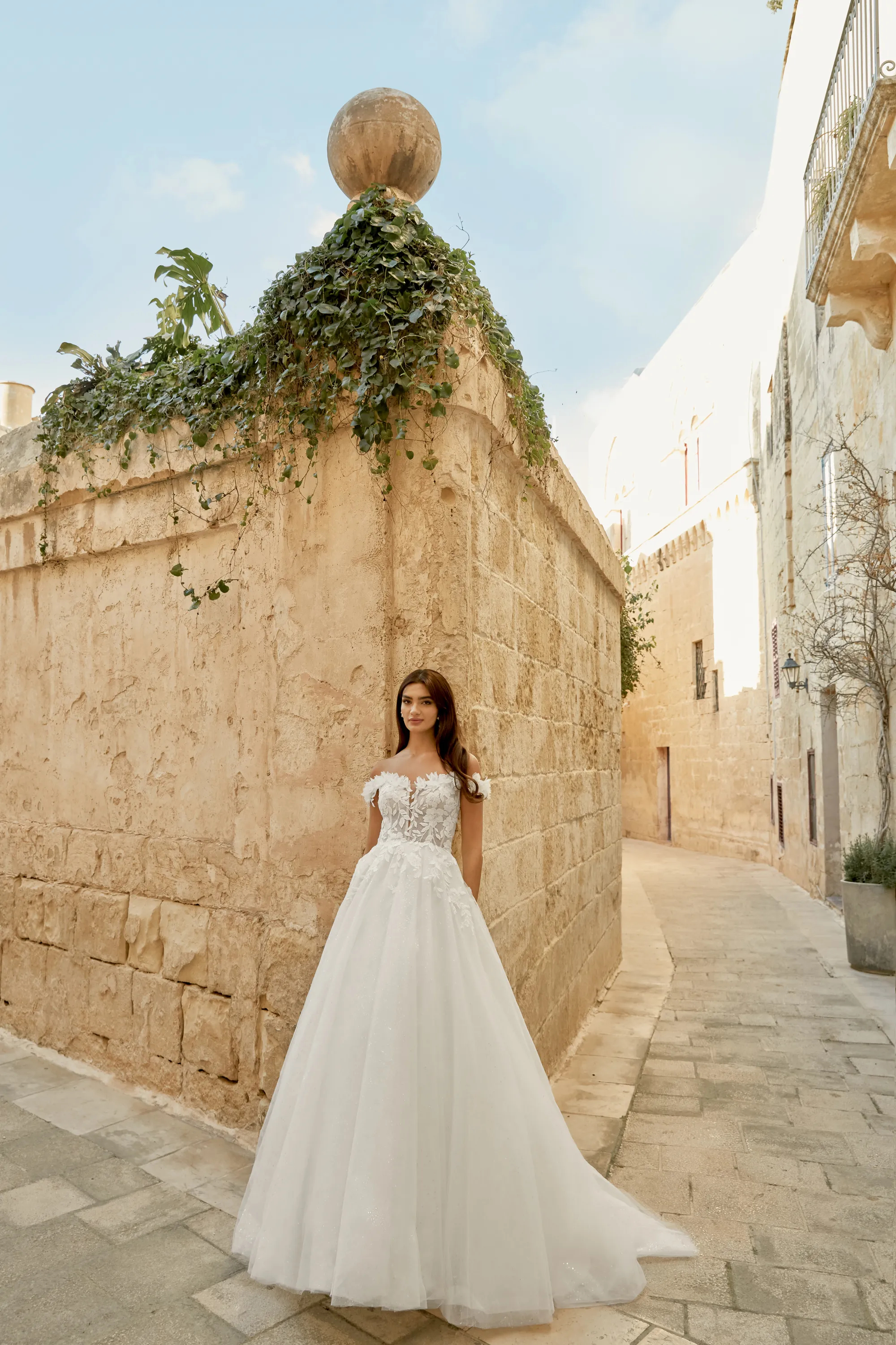 A-Line Off-the-Shoulder 3D PetalsTulle Chapel Length Train Wedding Dress 44500      