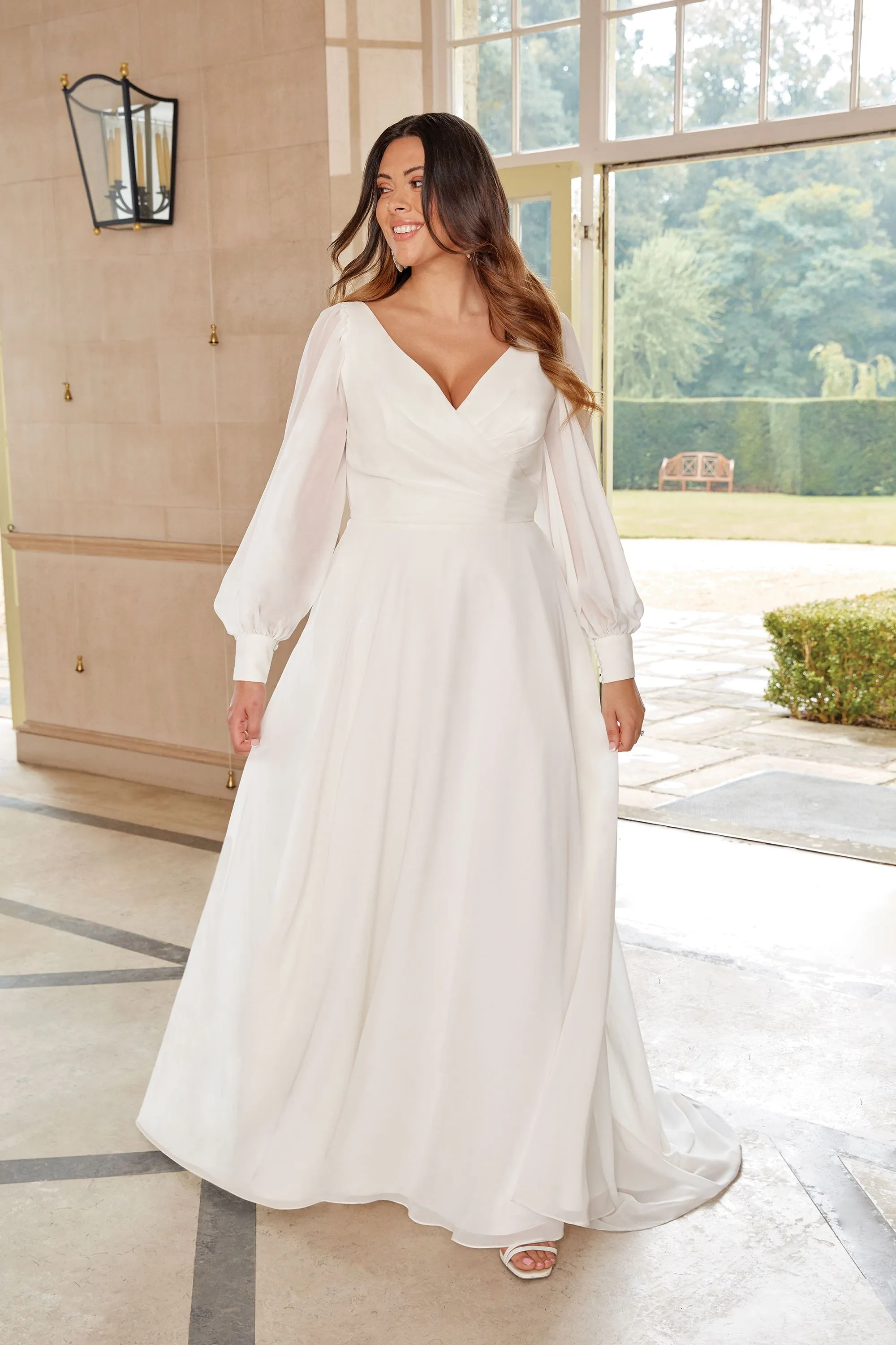 Romantic A-Line V-Neck Chiffon Chapel Length Train Pleated Wedding Dress 44264PS