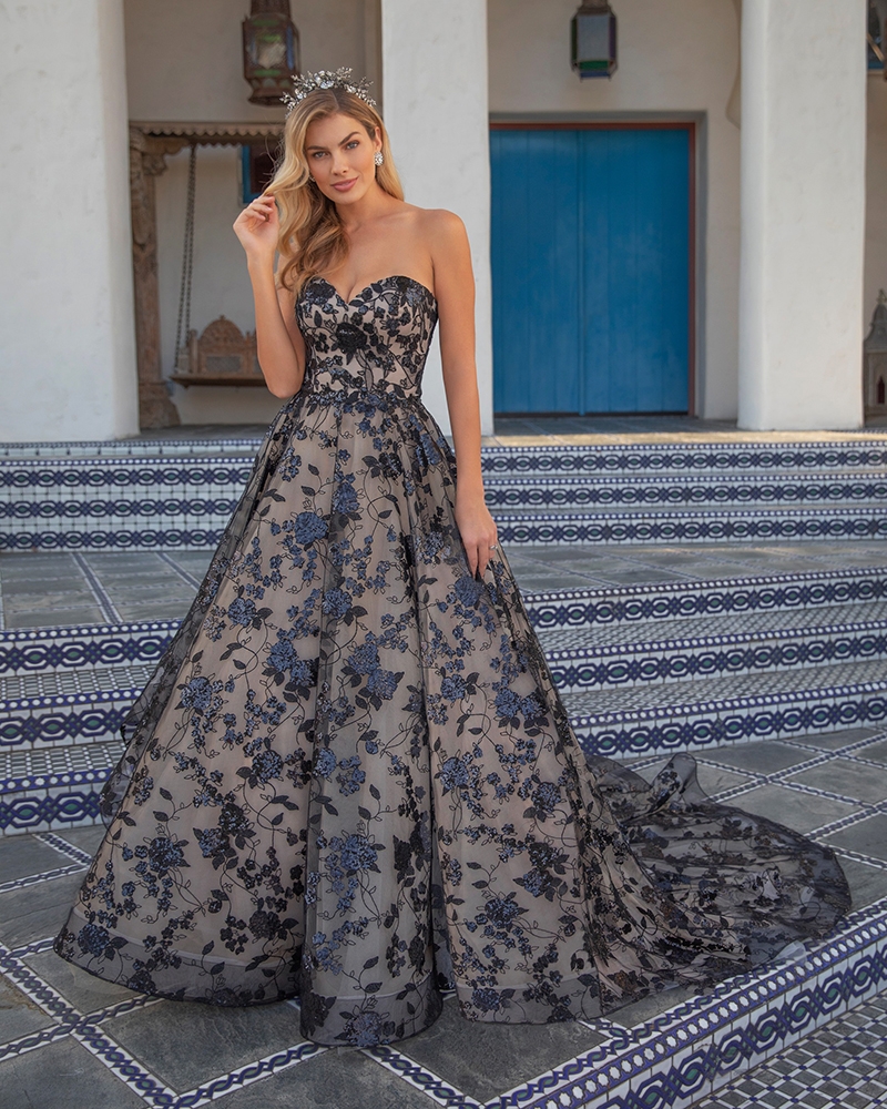 Ball Gown strapless sweetheart sequined black floral lace Wedding Dress #BL313