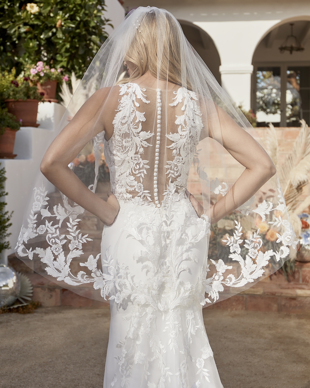 Modern Boho Sheath Plunging V-Illusion Neck Lace Wedding Dress #BL336