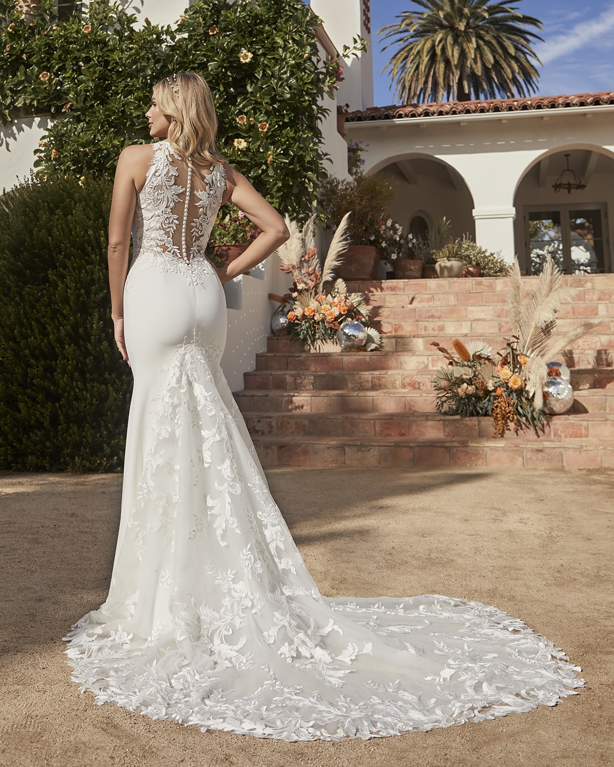 Modern Boho Sheath Plunging V-Illusion Neck Lace Wedding Dress #BL336