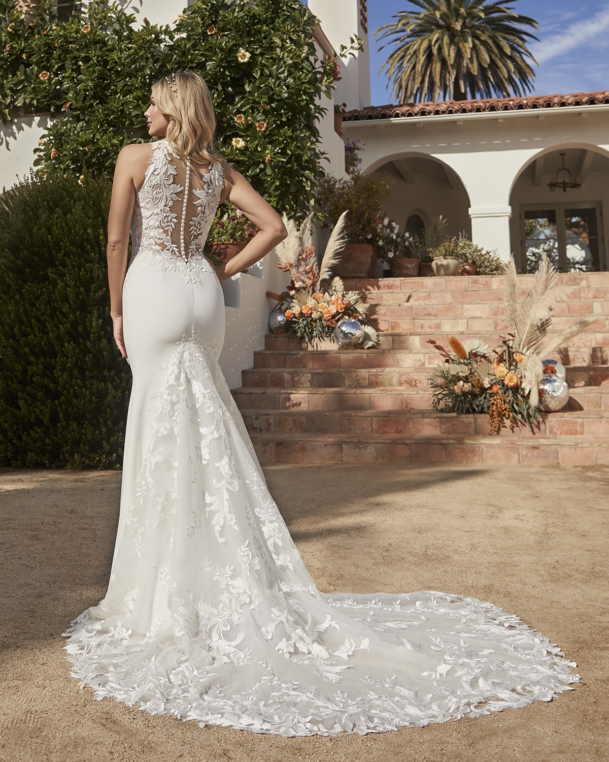 Modern Boho Sheath Plunging V-Illusion Neck Lace Wedding Dress #BL336