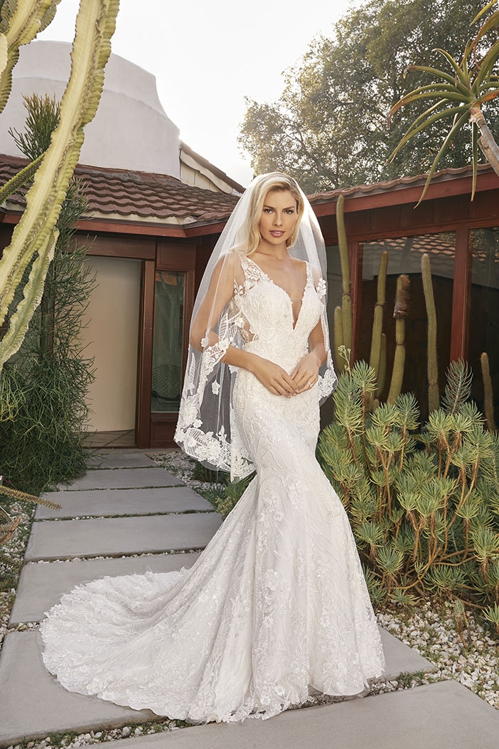 Elegant Fit And Flare V-Neck Lace Straps Wedding Dress #BL384