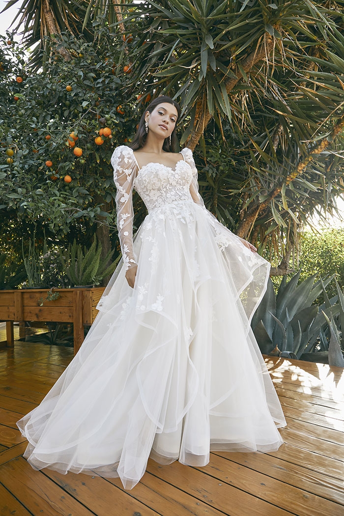 A-Line Plunging V-Neck Wedding Dress Floral Overlace With Sequins