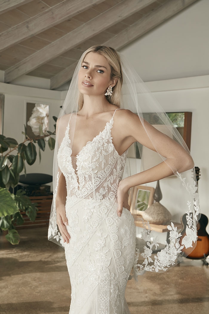 Elegance Fit And Flare Plunging V-Neck Lace Wedding Dress #BL393