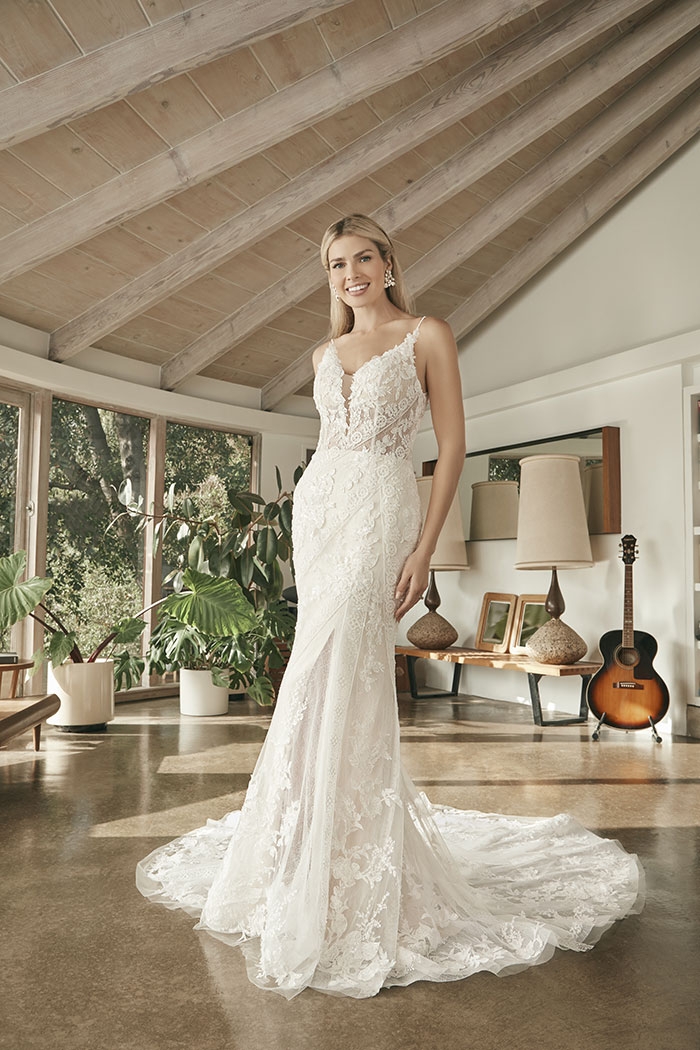 A-Line Plunging V-Neck Wedding Dress Floral Overlace With Sequins