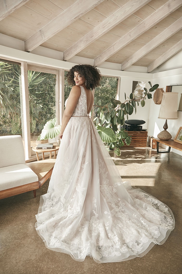 A-Line Plunging V-Neck Wedding Dress Floral Overlace With Sequins #BL395