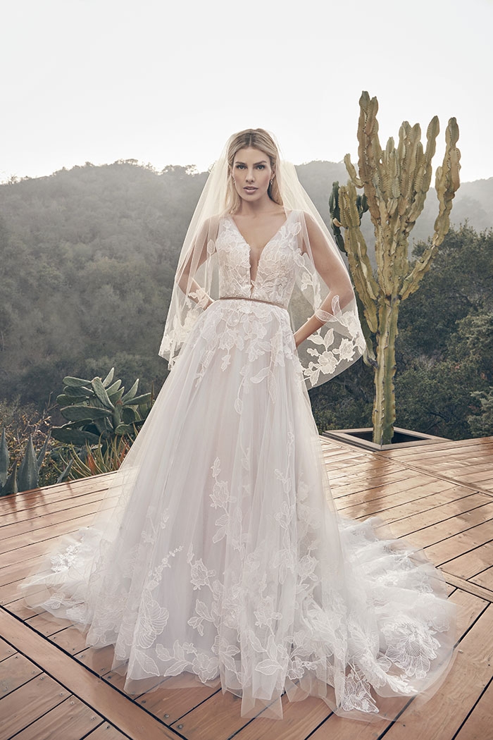 A-Line Plunging V-Neck Wedding Dress Floral Overlace With Sequins #BL395