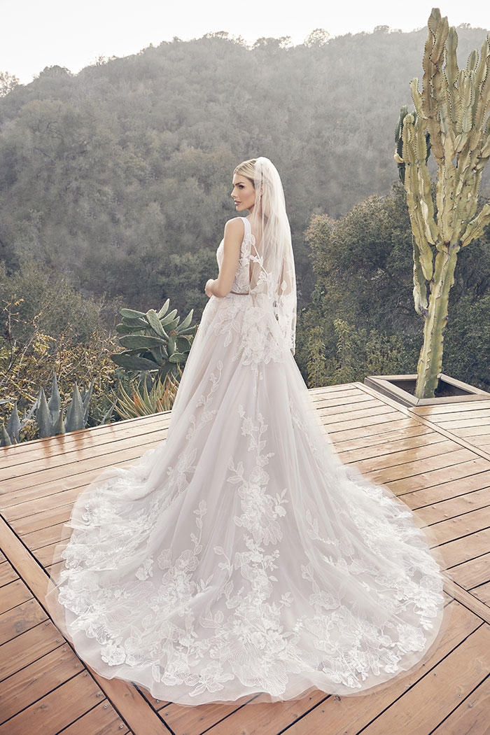 A-Line Plunging V-Neck Wedding Dress Floral Overlace With Sequins #BL395