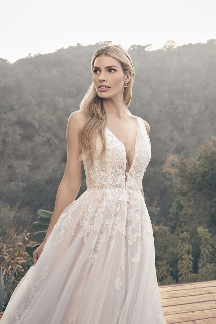 A-Line Plunging V-Neck Wedding Dress Floral Overlace With Sequins #BL395