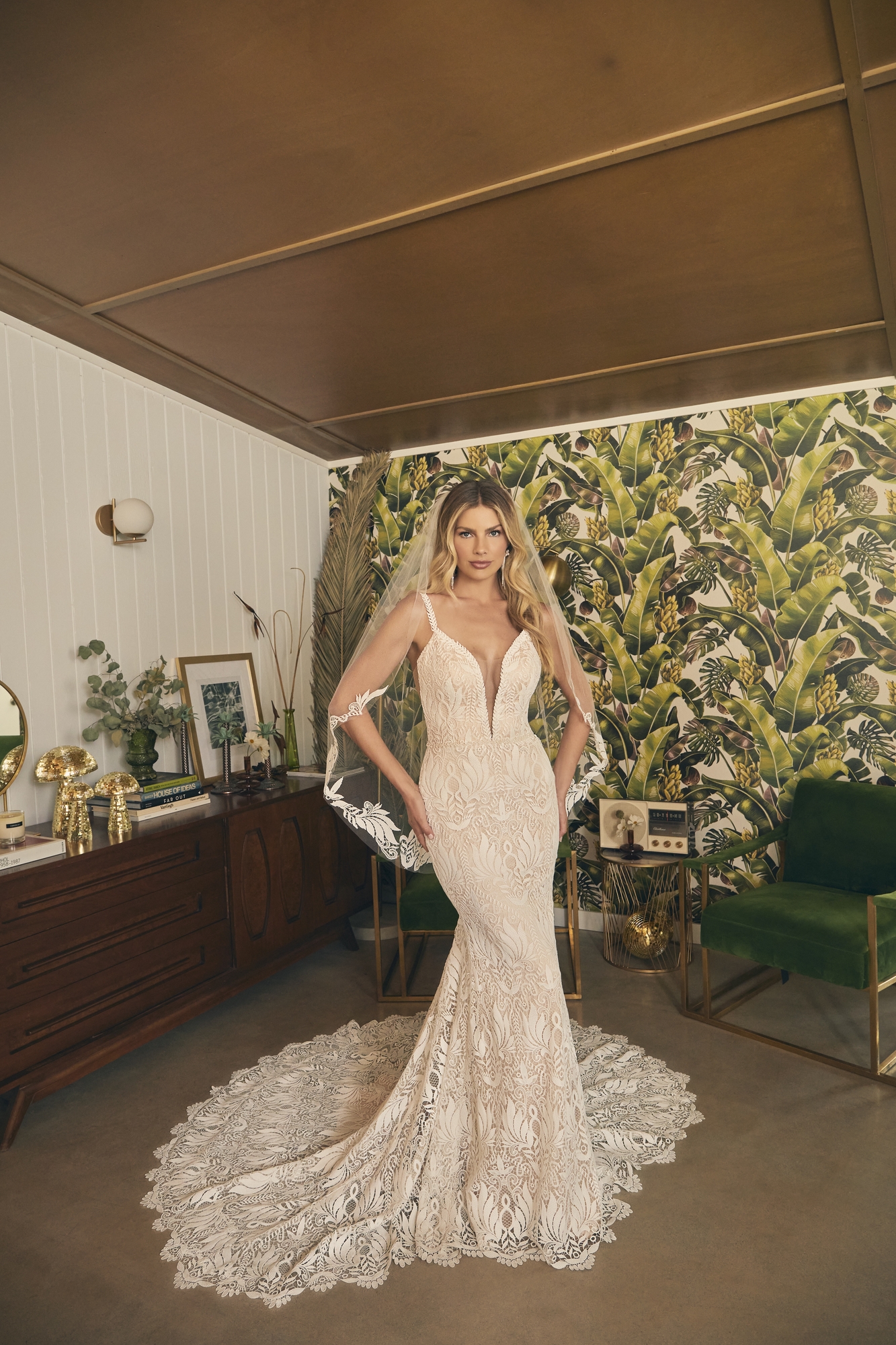 Bohemian Fit And Flare Plunging  V-neck Lace Wedding Dress #BL399