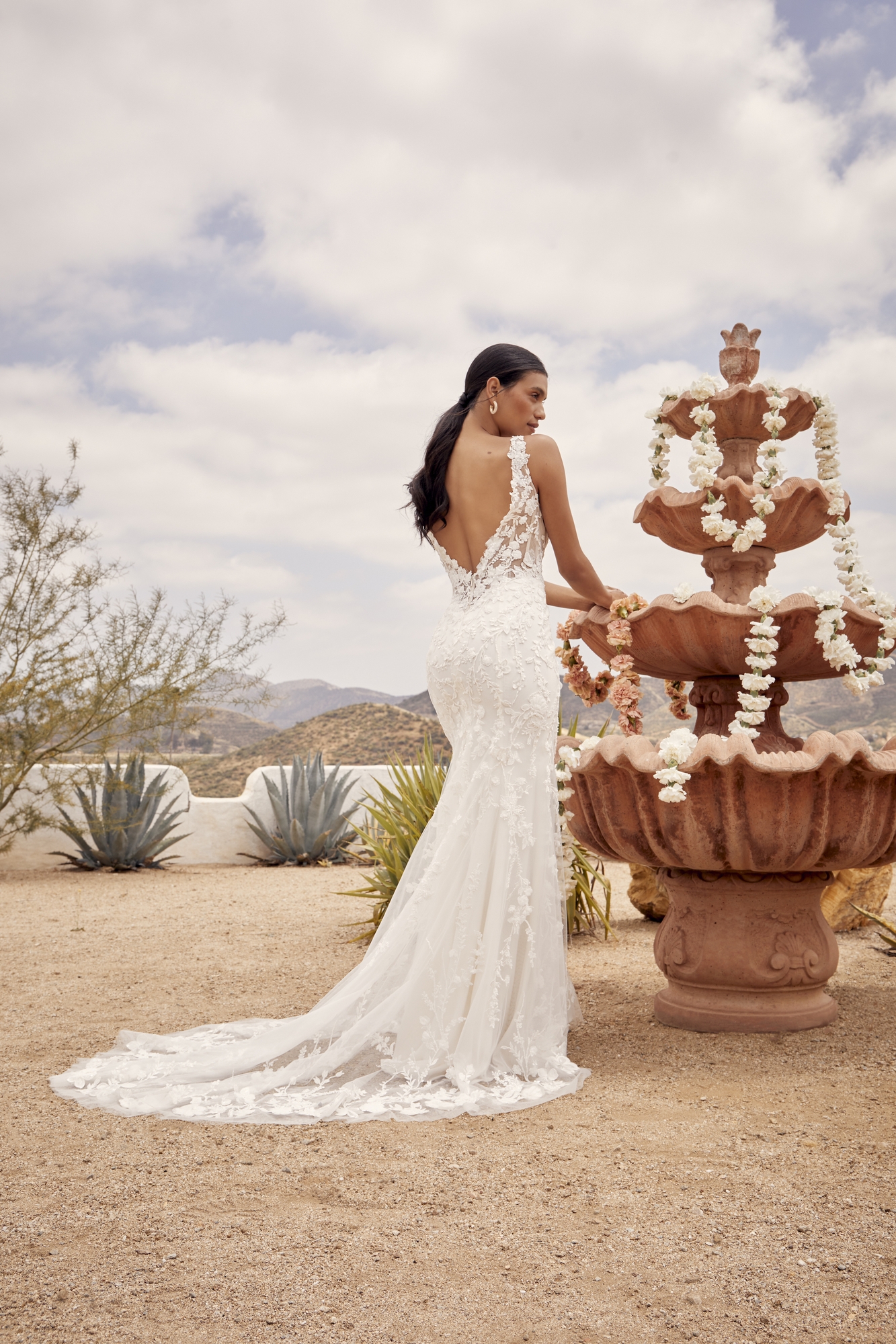 Elegant Fit And Flare V-Neck Wedding Dress With Floral Motifs Sequins