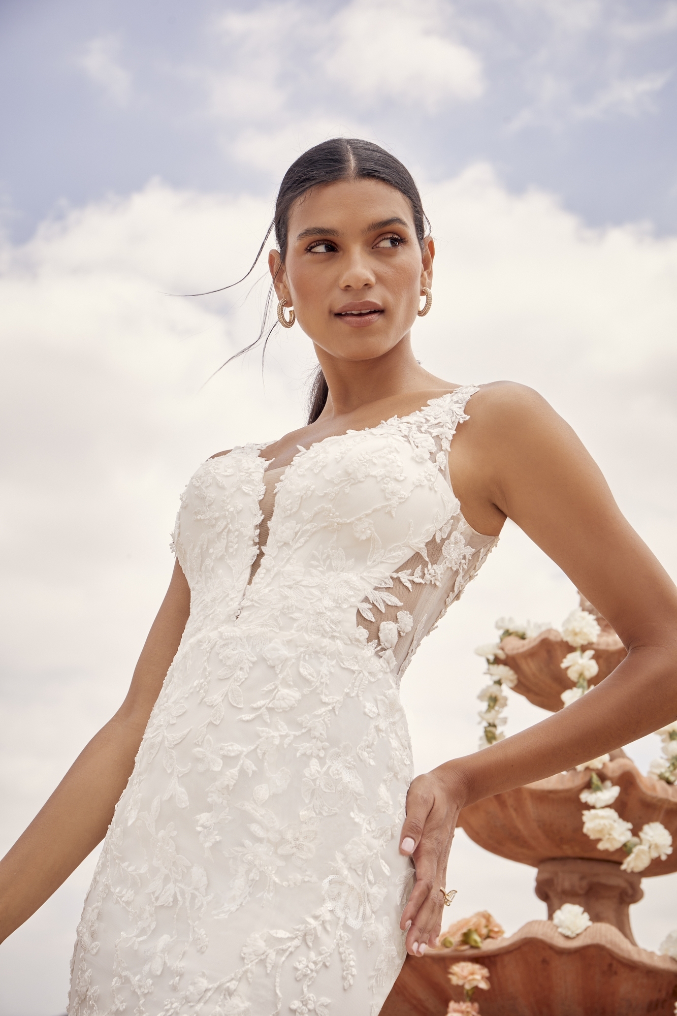 Elegant Fit And Flare V-Neck Wedding Dress With Floral Motifs Sequins