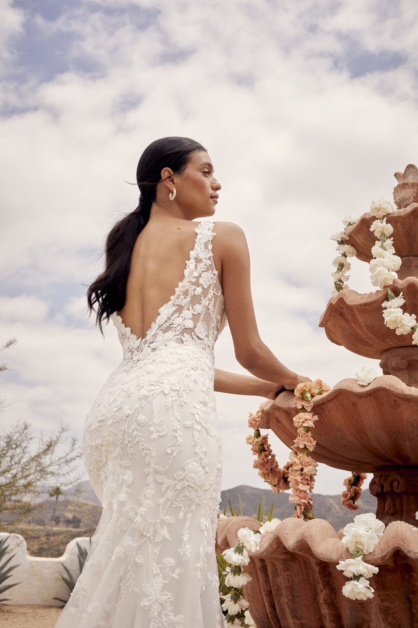 Elegant Fit And Flare V-Neck Wedding Dress With Floral Motifs Sequins