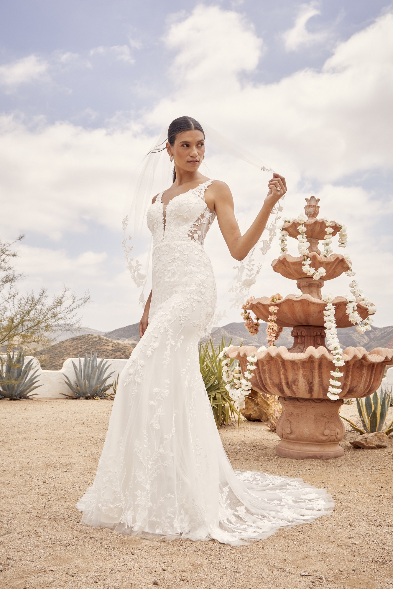 Elegant Fit And Flare V-Neck Wedding Dress With Floral Motifs Sequins