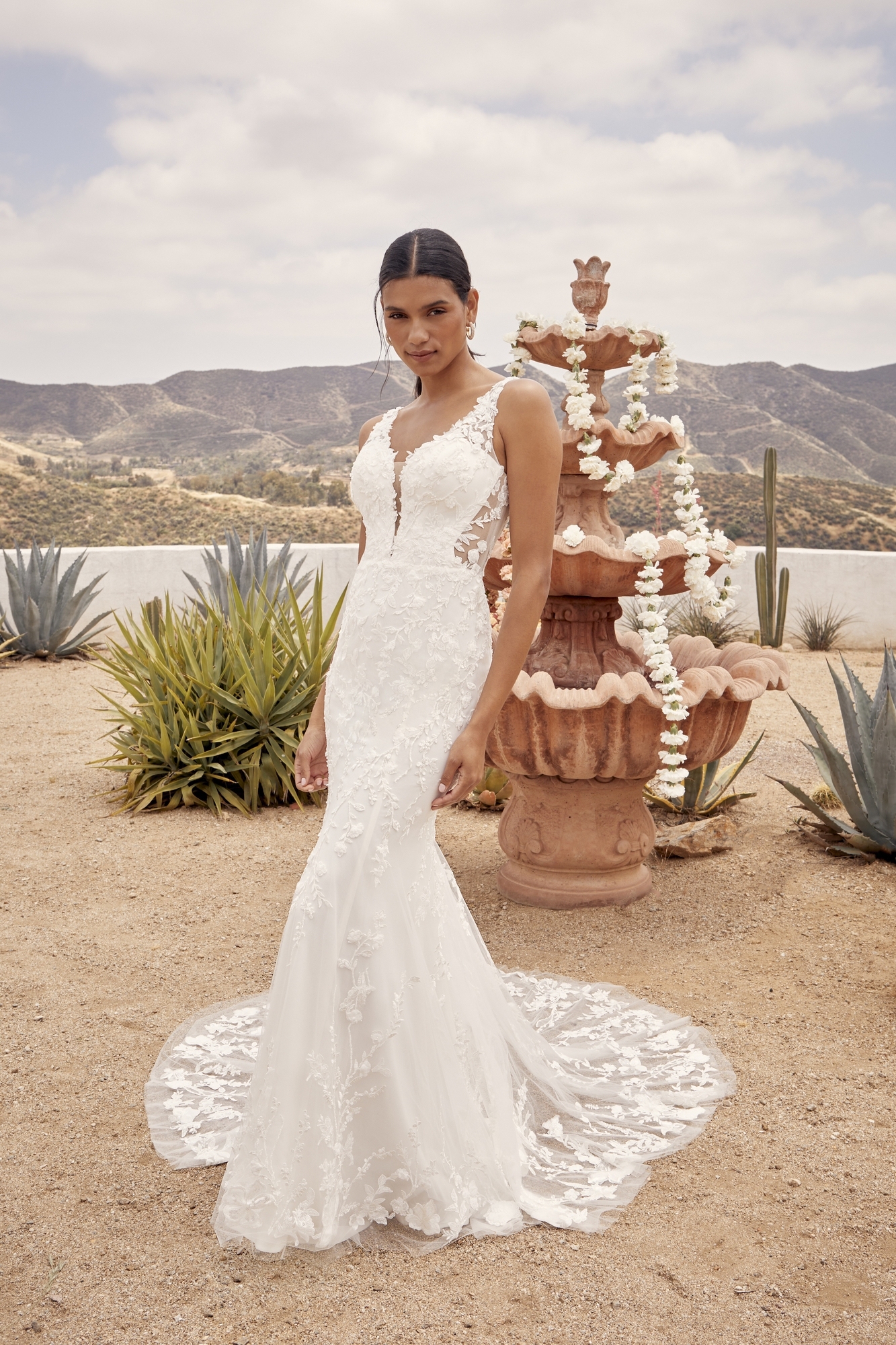 Elegant Fit And Flare V-Neck Wedding Dress With Floral Motifs Sequins