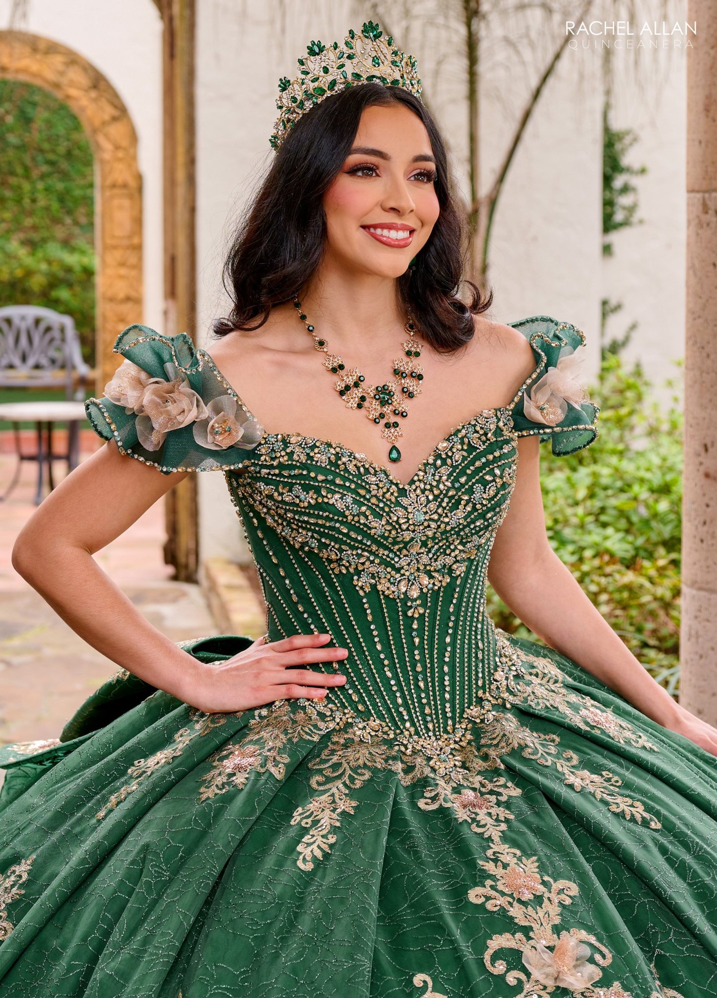 Elegance Off-The-Shoulder Glitter Tulle Flowers Quinceanera Ball Gown #RQ3133
