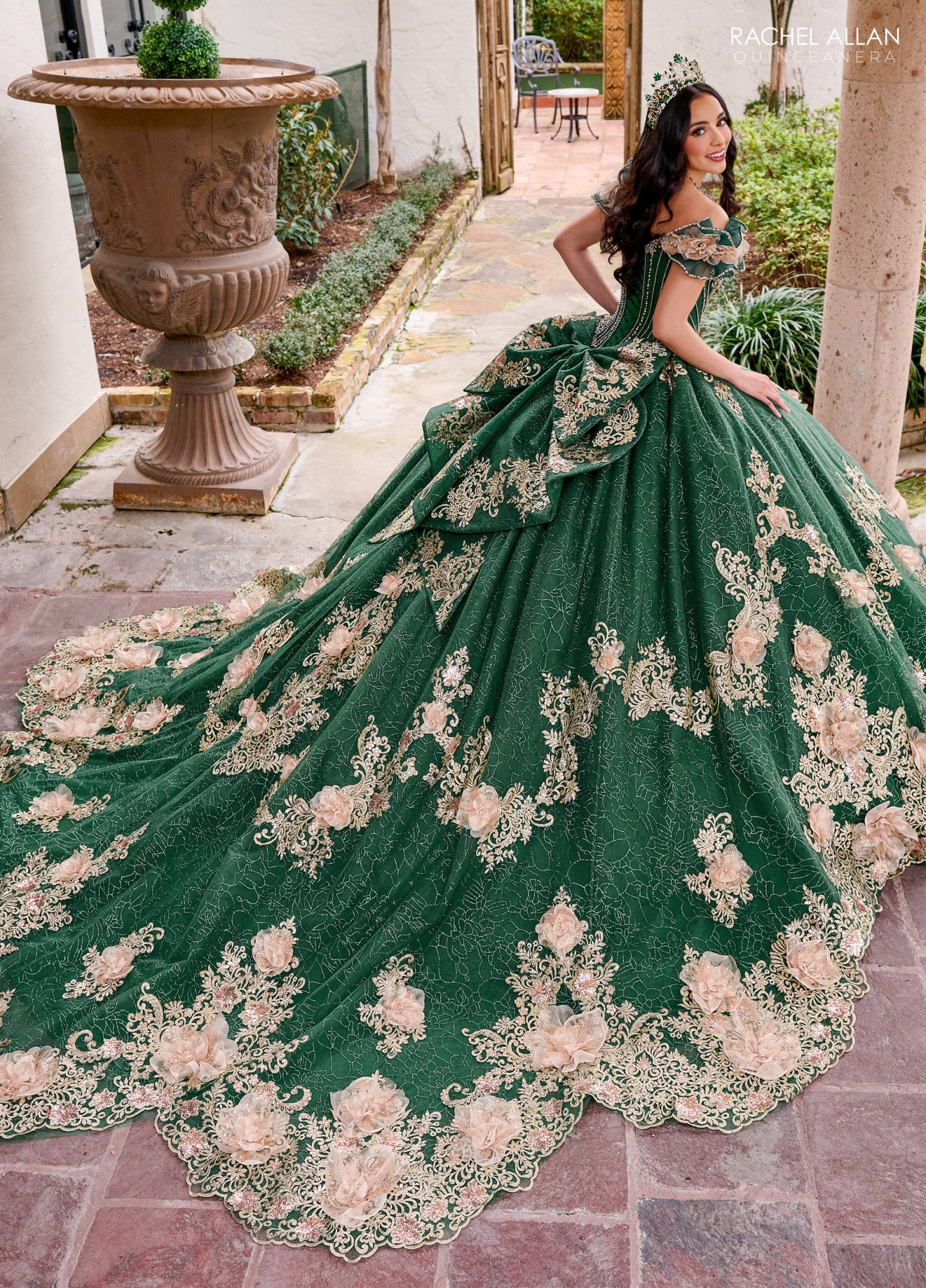 Elegance Off-The-Shoulder Glitter Tulle Flowers Quinceanera Ball Gown #RQ3133