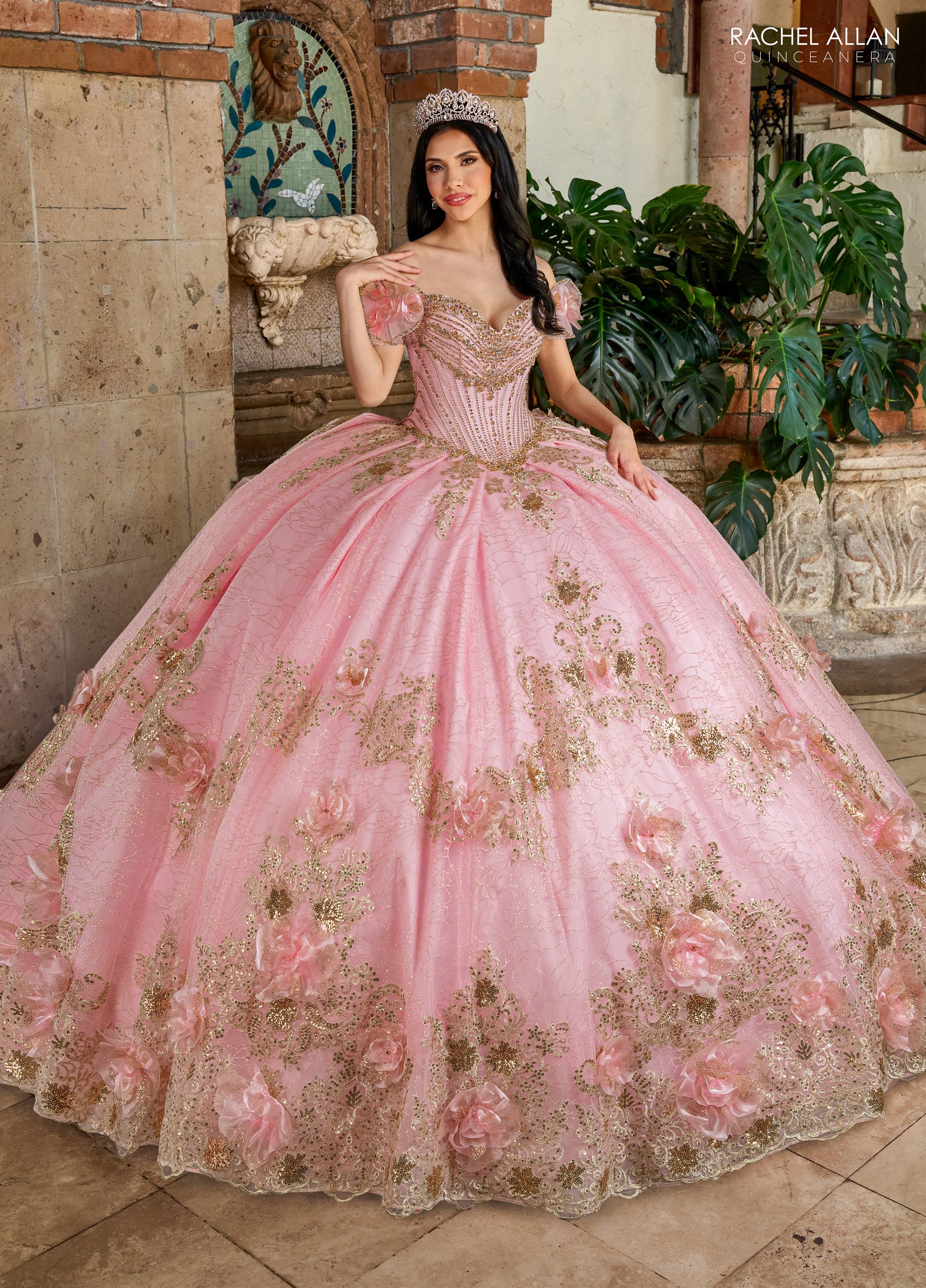 Elegance Off-The-Shoulder Glitter Tulle Flowers Quinceanera Ball Gown #RQ3133