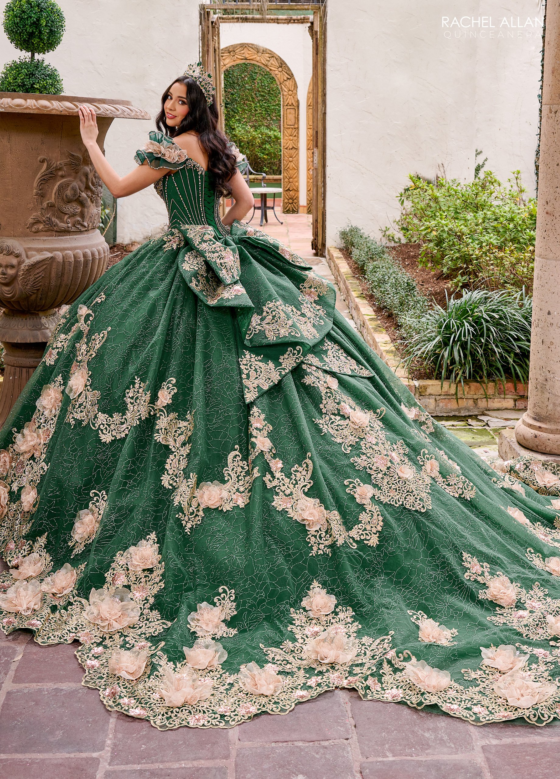 Elegance Off-The-Shoulder Glitter Tulle Flowers Quinceanera Ball Gown #RQ3133