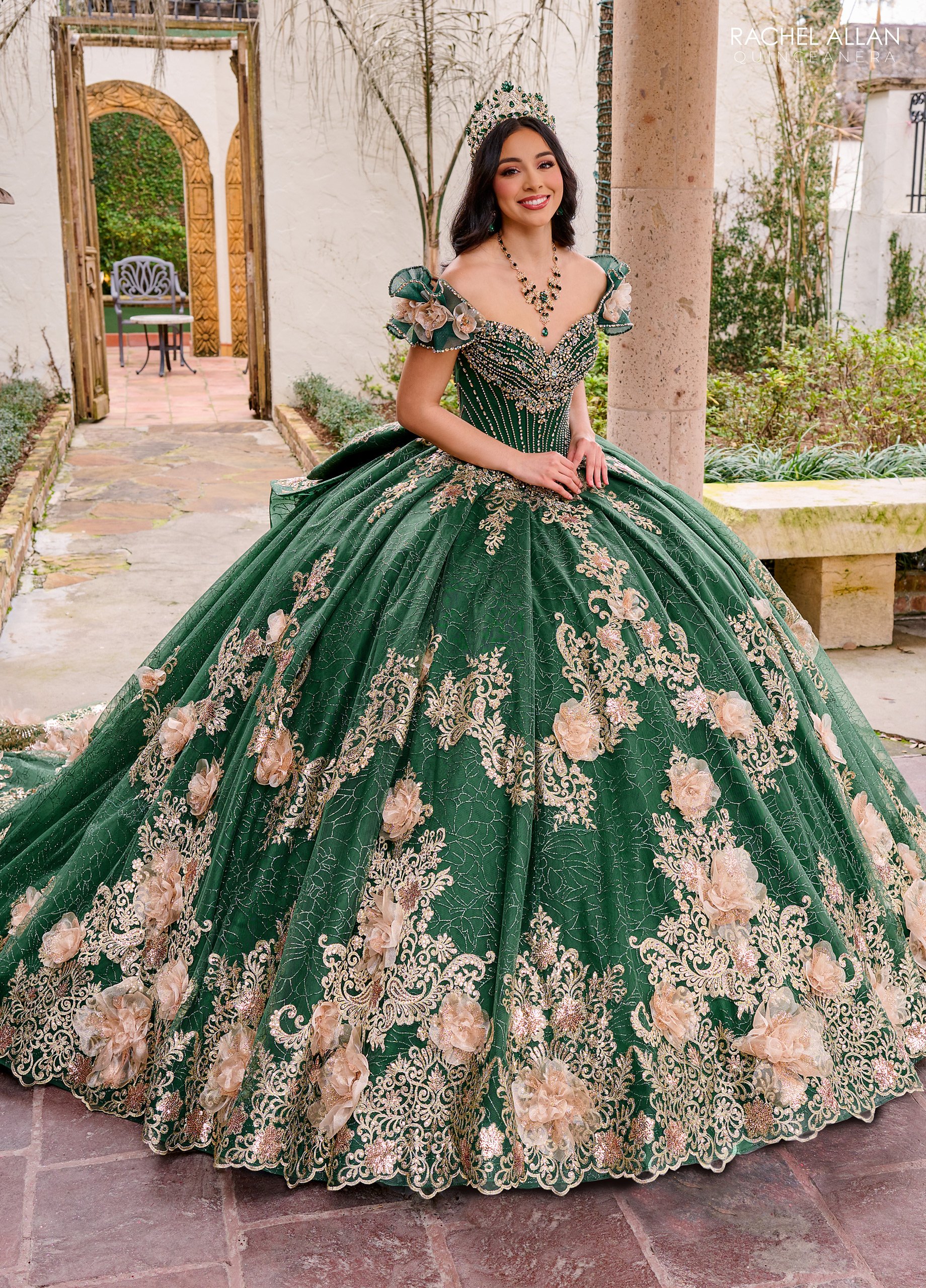 Elegance Off-The-Shoulder Glitter Tulle Flowers Quinceanera Ball Gown #RQ3133