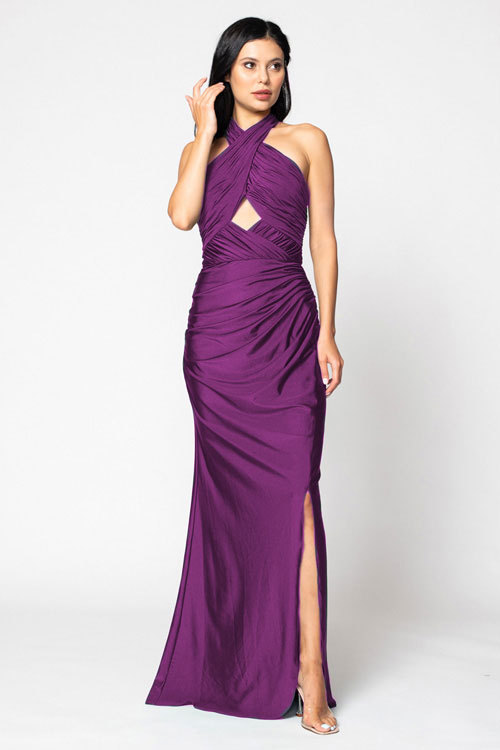 BARI JAY STYLE 2206 Halter Pleated Criss-Cross Bridesmaid Dress With Keyhole