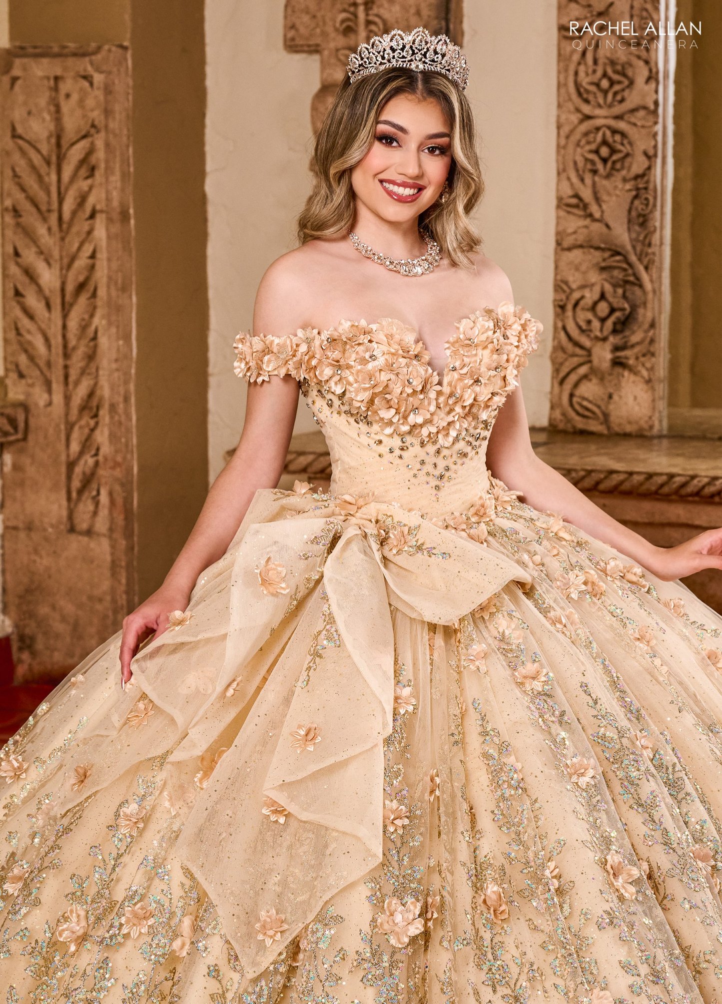 Off-The-Shoulder Glitter Tulle 3d Flowers Applique Quinceanera Ball Gown #RQ1141