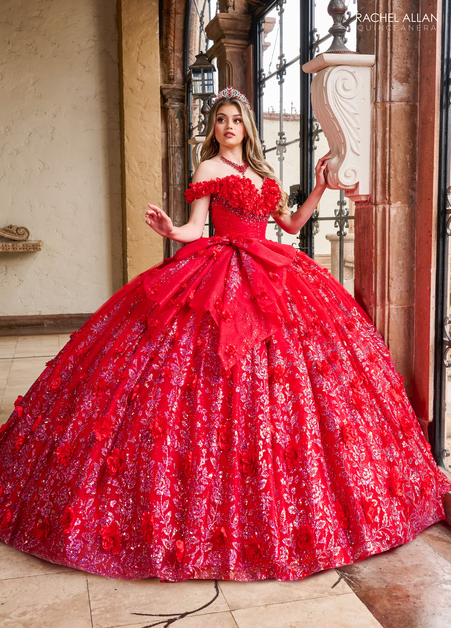 Off-The-Shoulder Glitter Tulle 3d Flowers Applique Quinceanera Ball Gown #RQ1141