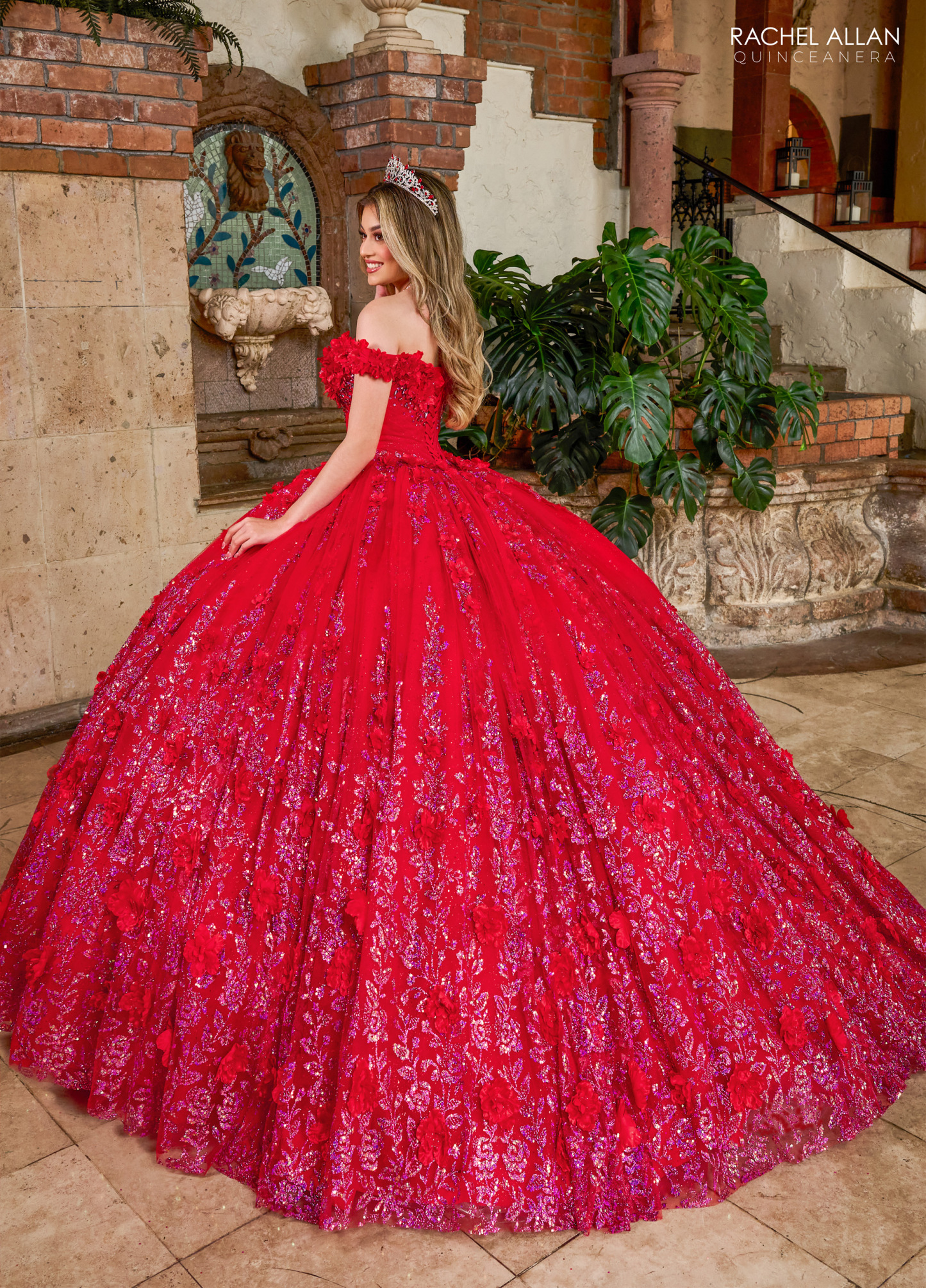Off-The-Shoulder Glitter Tulle 3d Flowers Applique Quinceanera Ball Gown #RQ1141