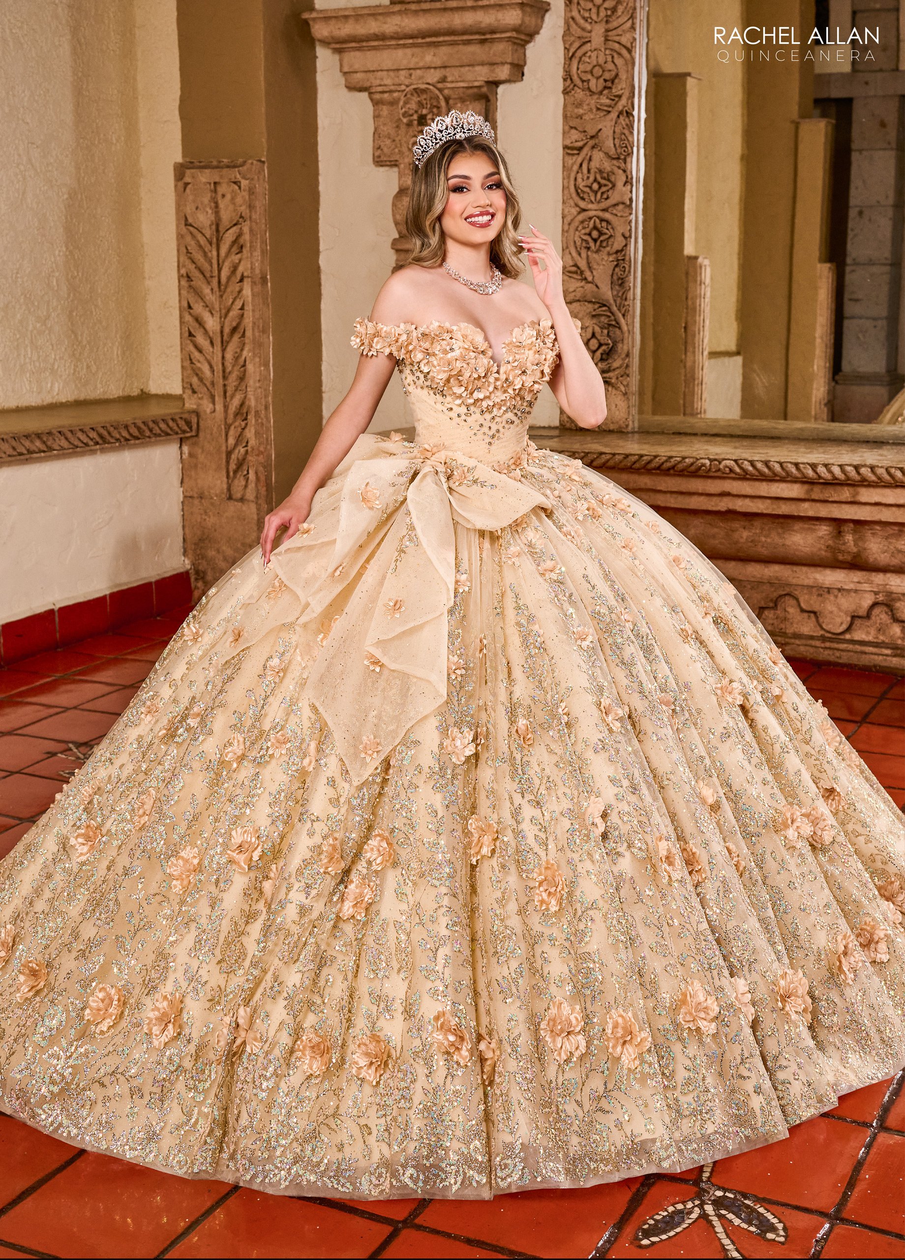 Off-The-Shoulder Glitter Tulle 3d Flowers Applique Quinceanera Ball Gown #RQ1141