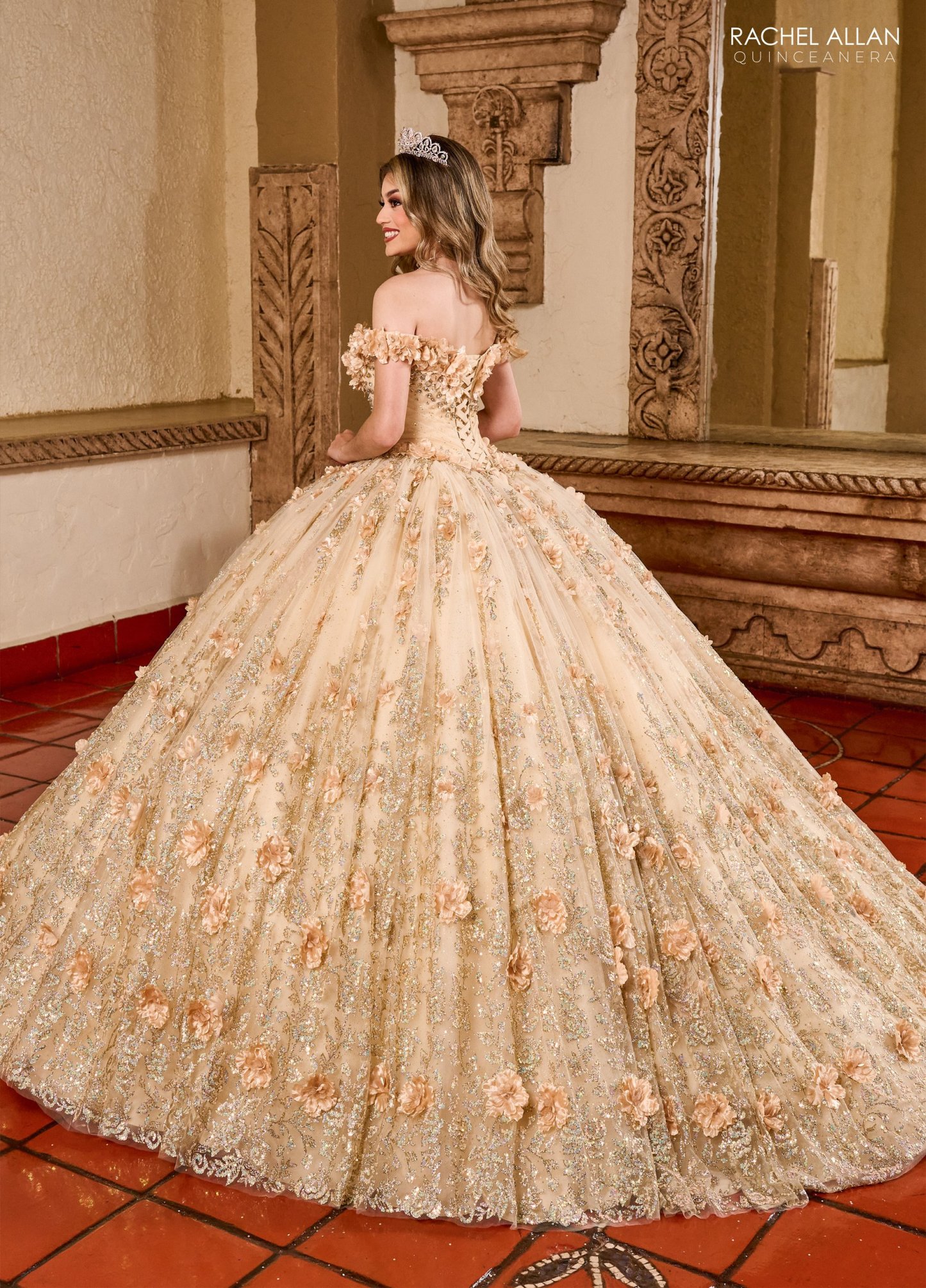 Off-The-Shoulder Glitter Tulle 3d Flowers Applique Quinceanera Ball Gown #RQ1141