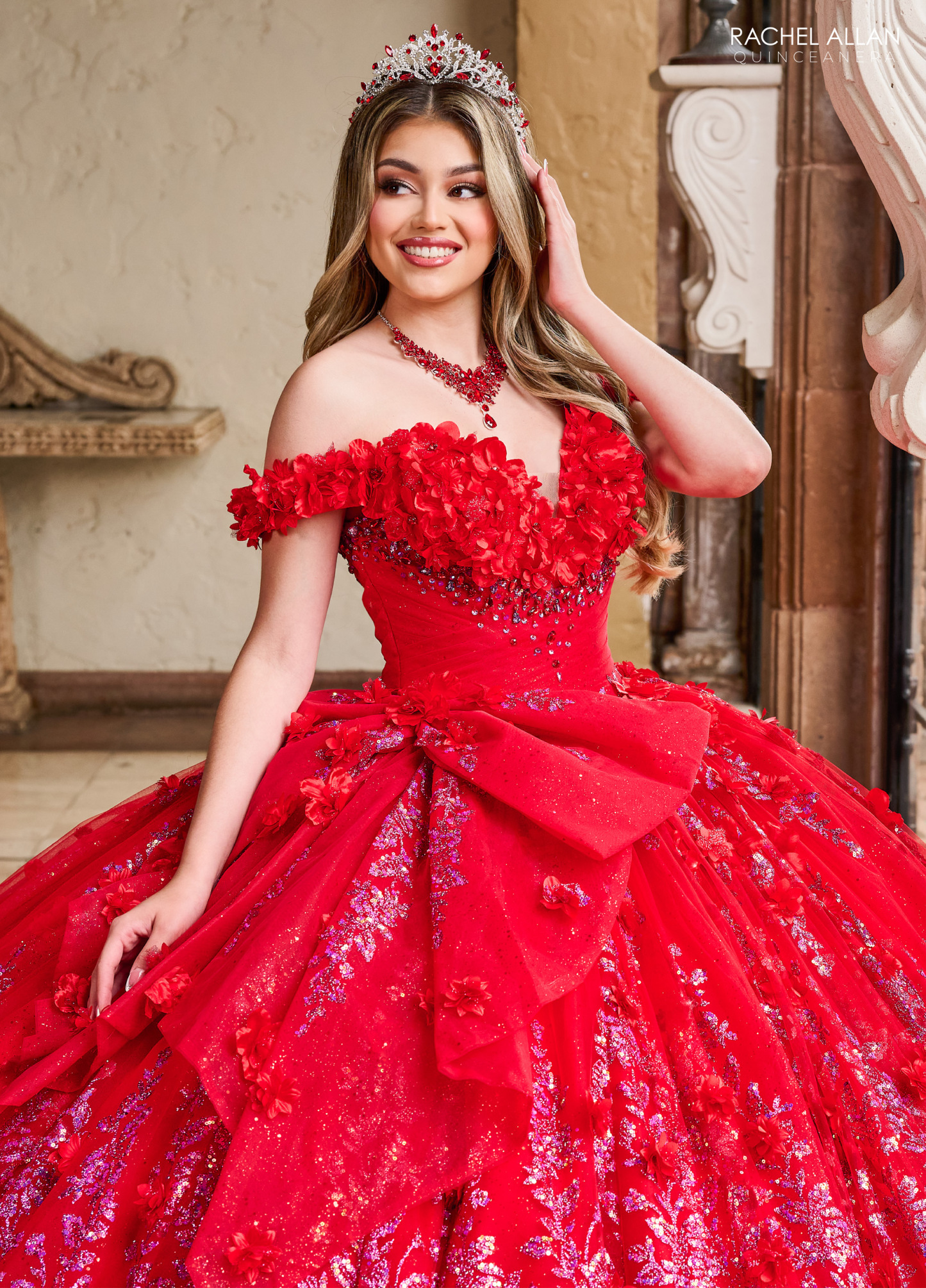 Off-The-Shoulder Glitter Tulle 3d Flowers Applique Quinceanera Ball Gown #RQ1141