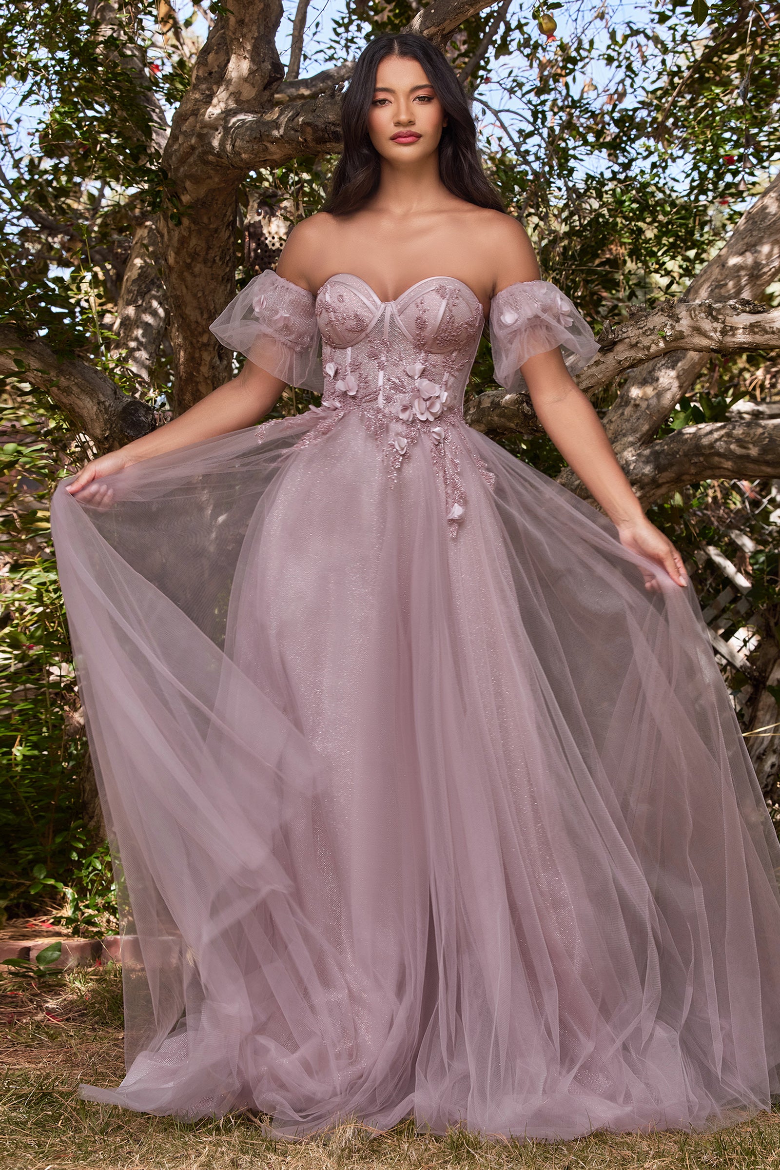 A-Line Strapless Floral Appliques Tulle Ball Gown #CB080