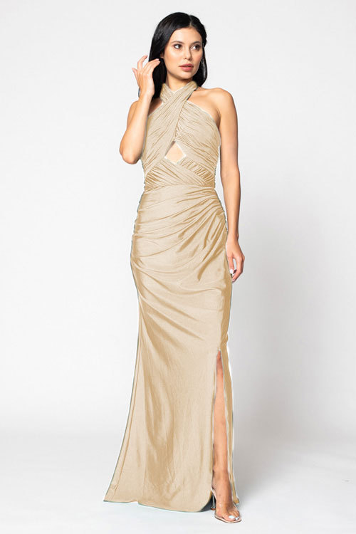 BARI JAY STYLE 2206 Halter Pleated Criss-Cross Bridesmaid Dress With Keyhole