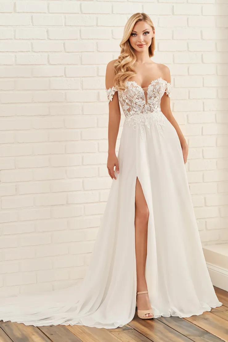 A-Line Plunging V-Neck Chiffon Off-the-Shoulder Wedding Dress #E511
