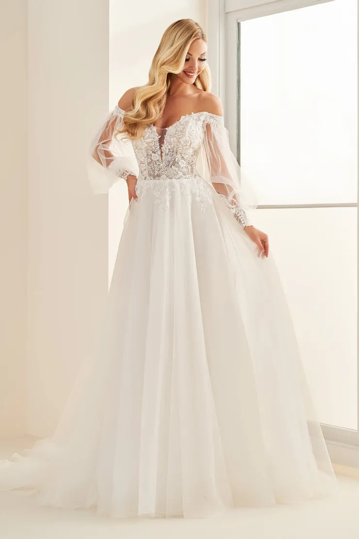 A-Line Plunging V-Neck Long Sleeve Off-the-Shoulder Wedding Dress #E512
