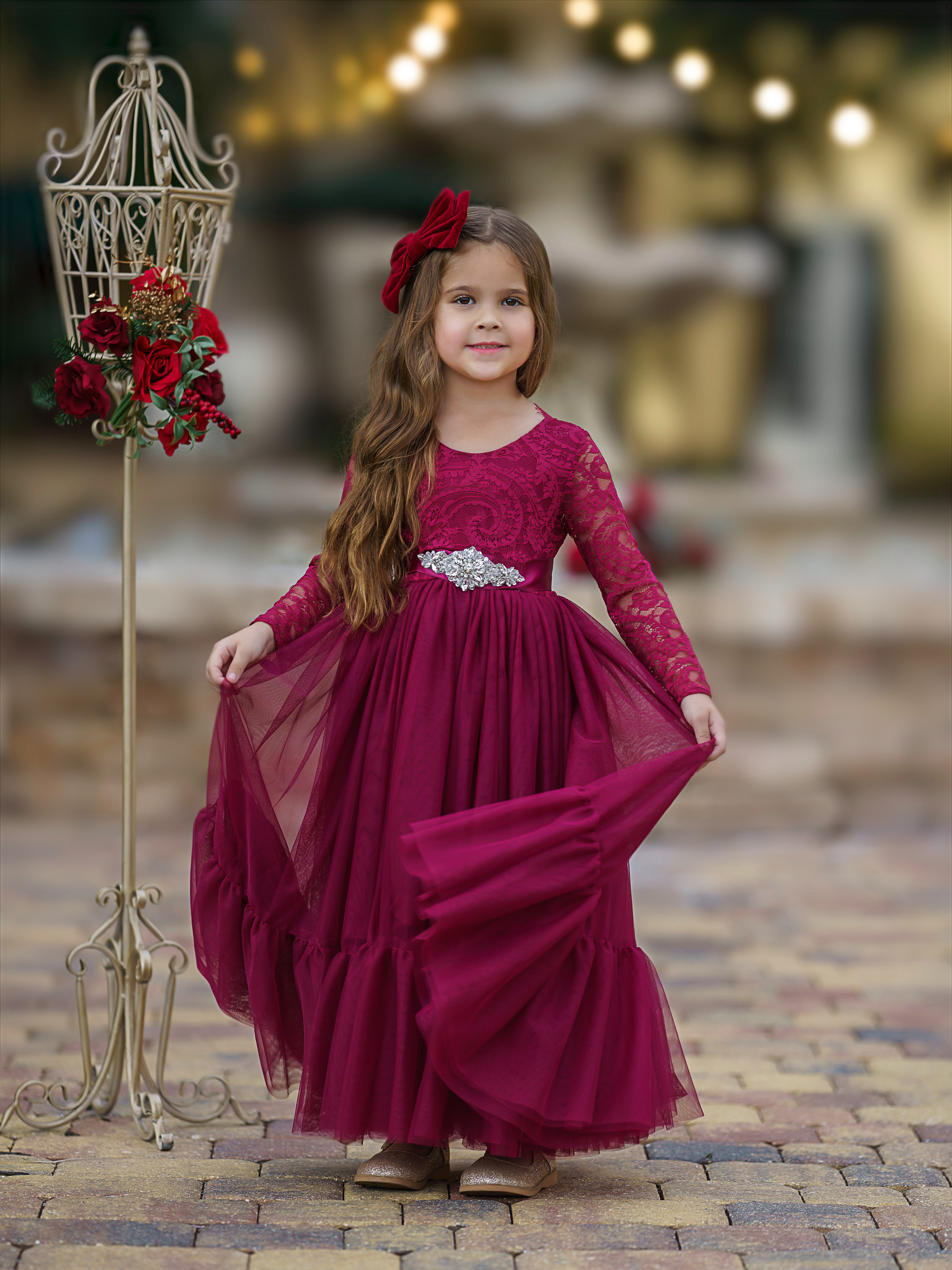Wine Red Long Sleeve Lace Tulle Flower Girl Dress