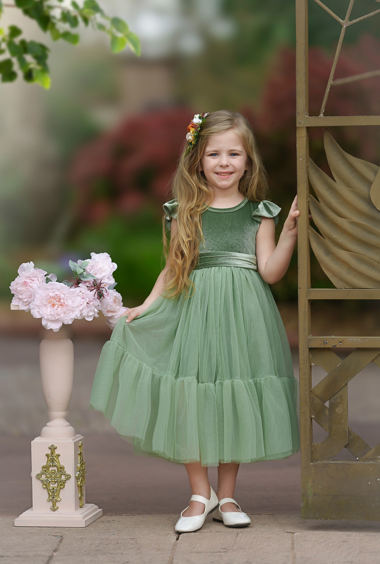 Sage Green Velvet Tulle Flower Girl Dress